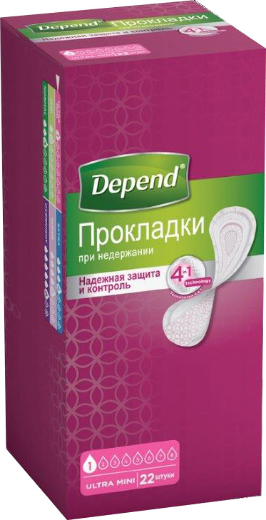 Depend Прокладки при недержании женские Ultra Mini 22 шт9435005 Depend Прокладки при недержании женские Ultra Mini 22 шт9435005Новые прокладки Depend Ultra Mini* созданы специально для защиты при капельной и легкой степени недержания.Технология 4 в 1. Надежная защита и контроль.Преимущества:• Полный контроль над протеканием. Специальная форма с боковыми бортиками Leak-Block (Лик-Блок) для максимальной защиты от протекания.• Максимальная сухость. Обеспечивает сухость в 3 раза дольше, чем обычная прокладка.• Быстрое впитывание. Быстро впитывающий слой для максимальной защиты и комфорта .• Контроль над запахом. ABSORB-LOC (Абсорб-Лок) быстро впитывает влагу и удерживает запах.*Депенд Ультра Мини