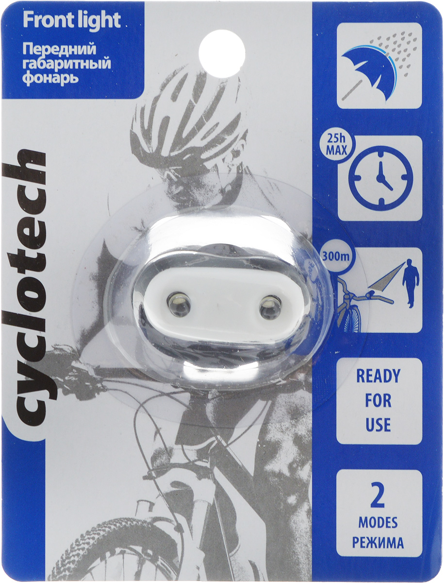Фонарь велосипедный Cyclotech, габаритный, передний, цвет: черный, белыйCFL-4BL Фонарь велосипедный Cyclotech, габаритный, передний, цвет: черный, белыйCFL-4BLПередний габаритный велофонарь Cyclotech предназначен для обеспечения большей безопасности при поездках в темное время суток. Он легко крепится и снимается при необходимости. 2 ярких светодиода обеспечивают отличное освещение. Фонарь имеет 2 режима работы.Максимальное время работы: 25 часов.Максимальная видимость: 300 м.