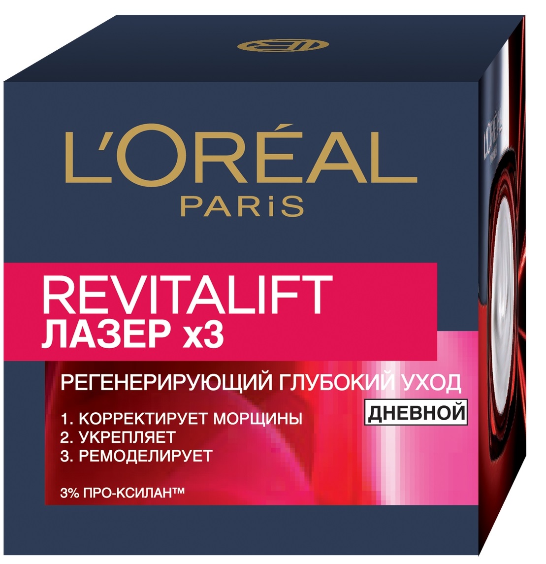 LOreal Paris Дневной антивозрастной крем Ревиталифт Лазер х3против морщин для лица, 50 млA6671200 LOreal Paris Дневной антивозрастной крем Ревиталифт Лазер х3против морщин для лица, 50 млA6671200Лореаль Париж разработал антивозрастной крем для лица «Revitalift Лазер х3», который оказывает тройной эффект благодаря активным веществам в составе: фрагментированная гиалуроновая кислота разглаживает морщины, 3% Про-Ксилан повышает упругость кожи, стимулирует её обновление и восстанавливает контуры. При регулярном использовании текстура и тон кожи выравниваются, заметно сокращаются морщины.