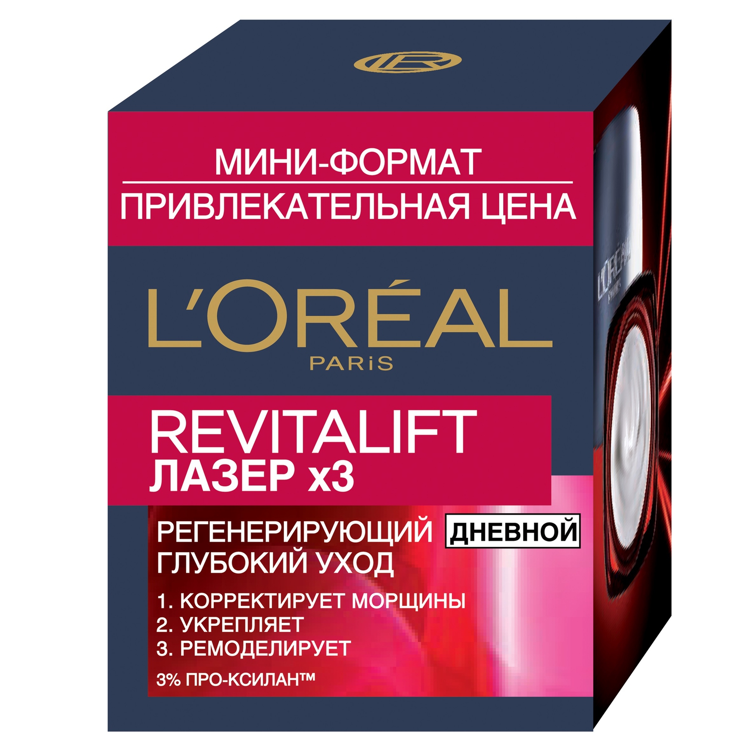 LOreal Paris Дневной антивозрастной крем для лица Ревиталифт Лазер х3 против морщин, 15 млA8523900 LOreal Paris Дневной антивозрастной крем для лица Ревиталифт Лазер х3 против морщин, 15 млA8523900В состав дневного антивозрастного крема «Revitalift Лазер» входят такие компоненты, как гиалуроновая кислота и 3 % Про-Ксилан – они проникают в глубокие слои дермы и стимулируют выработку коллагена, способствуя восстановлению упругости. Крем оказывает мощный тройной эффект – он выравнивает морщины, повышает упругость кожи и ремоделирует контуры.