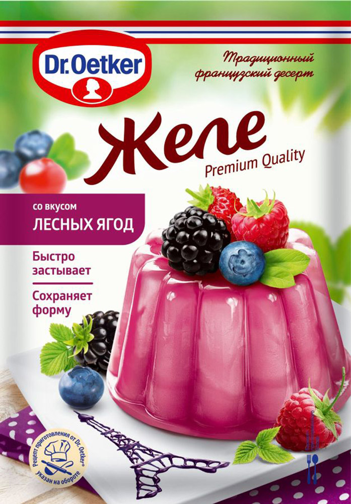 Dr.Oetker Желе со вкусом лесной ягоды, 45 г1-84-005005 Dr.Oetker Желе со вкусом лесной ягоды, 45 г1-84-005005Желе Dr.Oetker с натуральными ингредиентами - быстро застывает и сохраняет форму. Обладает ярким вкусом и цветом. Легко готовится с добавлением 200 мл воды и не требует добавления сахара. Из застывшего желе можно приготовить десерты различной формы, многослойные, и удивить близких и друзей необычным угощением!