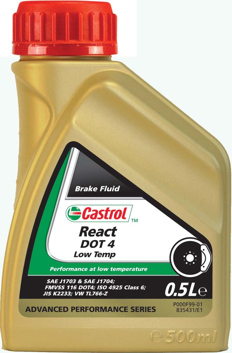 Жидкость тормозная Castrol React DOT 4 Low Temp, 0,5 л1581B4 Жидкость тормозная Castrol React DOT 4 Low Temp, 0,5 л1581B4Castrol React DOT 4 Low Temp - высокоэффективная синтетическая тормозная жидкость на основе гликолевых эфиров и борсодержащих сложных эфиров. Подходит для использования в современных тормозных системах, оснащённых электронными системами управления устойчивостью автомобиля. Отличная низкотемпературная характеристика вязкости помогает обеспечить плавную и контролируемую работу тормозного механизма, особенно в экстремальных условиях. Применение. Тормозная жидкость Castrol React DOT 4 Low Temp проявляет не только превосходную эффективность при высоких температурах; её композиция разработана таким образом, чтобы обеспечить улучшенные низкотемпературные свойства. Она специально создана, чтобы иметь пониженную вязкость при низких температурах, рекомендованную рядом производителей техники, чтобы обеспечить быстроту и надёжность работы их электронных систем управления устойчивостью автомобиля (ESP и ABS). Гидравлическое давление, создаваемое в тормозной системе, передаётся на тормоза. Высоковязкие жидкости более медленно передают давление и приводят в действие тормозную систему. Этот же новый тип маловязкой жидкости обеспечивает более быструю реакцию тормоза, тем самым, увеличивая безопасность вождения в условиях гололедицы. Тормозная жидкость Castrol React DOT 4 Low Temp соответствует требованиям новой спецификации ISO 4925 Class 6, рекомендуемой большинством производителей автомобилей, включая VW, BMW и европейским подразделением GM. Castrol React DOT 4 Low Temp полностью совместима с другими жидкостями соответствующими спецификациям FMVSS 116 DOT 3, DOT 4 и DOT 5.1. Тем не менее, для того, чтобы сохранить исключительные эксплуатационные характеристики этого продукта, избегайте смешения с другими тормозными жидкостями. Все обычные тормозные жидкости разрушаются во время использования. Настоятельно рекомендуется менять Castrol React DOT 4 Low Temp в соответствии с предписаниями производителей техники. В случае отсутствия предписаний, жидкость рекомендуется менять раз в 2 года. Условия применения. Тормозная жидкость Castrol React DOT 4 Low Temp не должна использоваться в тормозных системах, в которых предписаны жидкости на минеральной основе (например, некоторые системы Citroen, для которых подходит Castrol LHM, и Rolls Royce, где одобрен к применению продукт Castrol HSMO Plus). Как и со всеми тормозными жидкостями, содержащими гликолевые эфиры, будьте осторожны и избегайте пролива этого продукта на окрашенную поверхность, т.к. это может привести к повреждению краски. В случае пролива немедленно промойте водой зону поражения. Не вытирать. Спецификации. SAE J1703; SAE J1704; FMVSS 116 DOT4; ISO 4925 Class 6; JIS K2233; VW TL 766-Z.Товар сертифицирован.
