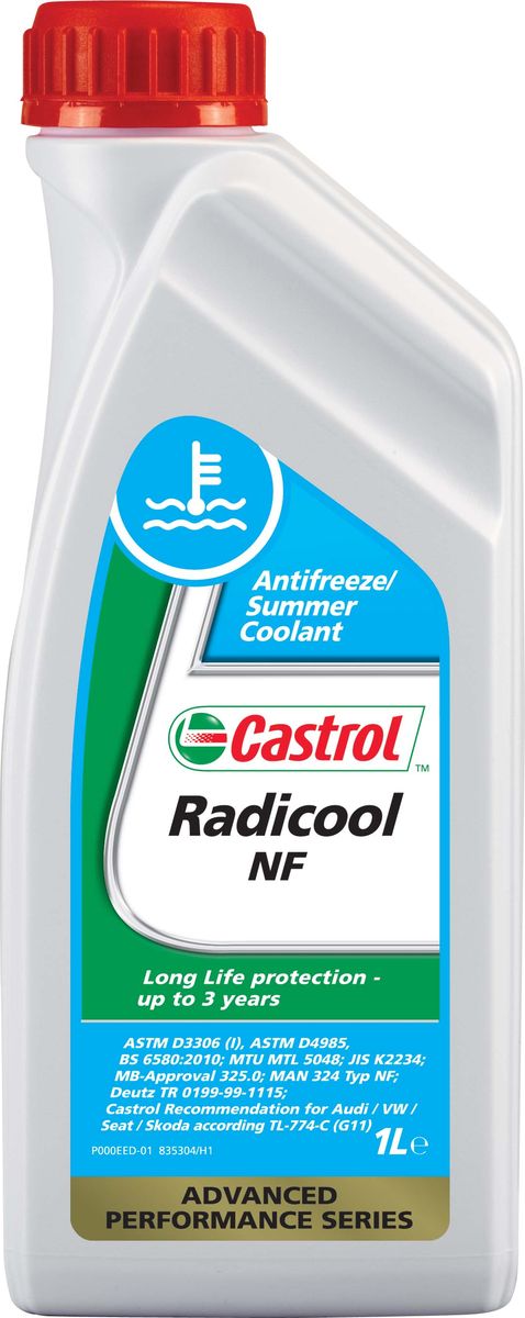 Антифриз Castrol Radicool NF, концентрированный, 1 л158A5E Антифриз Castrol Radicool NF, концентрированный, 1 л158A5ECastrol Radicool NF – концентрат антифриза на основе моноэтиленгликоля и специально подобранного пакета присадок, без ингибиторов, содержащих нитриты, амины и фосфаты. Создан с использованием гибридной технологии для современных двигателей легковых и грузовых автомобилей.Данную охлаждающую жидкость рекомендуется использовать в концентрациях от 33% до 50% с разбавлением дистиллированной водой, чтобы получить оптимальную защиту от коррозии. При этом температуры замерзания будут находиться в интервалах от -18°C до -36°C.Castrol Radicool NF разработан в соответствии с возрастающими требованиями производителей двигателей и автомобилей к высокоэффективным охлаждающим жидкостям, которые оказывают минимальное влияние на окружающую среду. Обеспечивает отличную защиту от коррозии и, так как он не содержит фосфатов, устраняет проблему отложений, встречающуюся в некоторых современных двигателях. Кроме превосходных антикоррозионных и низкотемпературных свойств, использование антифриза в рекомендованных объемах значительно уменьшит вероятность питтинга мокрой гильзы цилиндра из-за кавитационной эрозии. Кавитационная эрозия вызывается схлопыванием пузырьков воздуха, находящихся в охлаждающей жидкости, которые притягиваются к внешней поверхности гильзы. Эти пузырьки взрываются, в результате удаляя незначительное количество частиц материала гильзы. Если это будет беспрепятственно продолжаться, то приведет к образованию пор в гильзе и серьезной поломке двигателя.Антифриз Castrol Radicool NF:- Используется в системе охлаждения до 3-х лет.- Обладает отличными низкотемпературными свойствами.- Обеспечивает превосходную защиту от коррозии.- Эффективно смазывает водяной насос.- Совместим с традиционными уплотнениями и материалами шлангов, используемых в системе охлаждения двигателя.- Содержит горькую вкусовую добавку, предотвращающую случайное проглатывание.- Имеет одобрения различных производителей автомобилей и оборудования.- Рекомендован к использованию многими производителями техники.В большинстве случаев охлаждающие жидкости не совместимы и не должны смешиваться без прямого указания производителя техники. Если Castrol Radicool NF используется в первый раз, промойте систему охлаждения чистой водой.Спецификации:ASTM D3306,ASTM D4985,BS6580:2010,JASO JIS K2234,MAN 324 Typ NF,MB-Approval 325.0,MTU MTL 5048,VW TL-774C (G11),BMW подходит для всех моделей,Deutz - DQC CA-14.Товар сертифицирован.