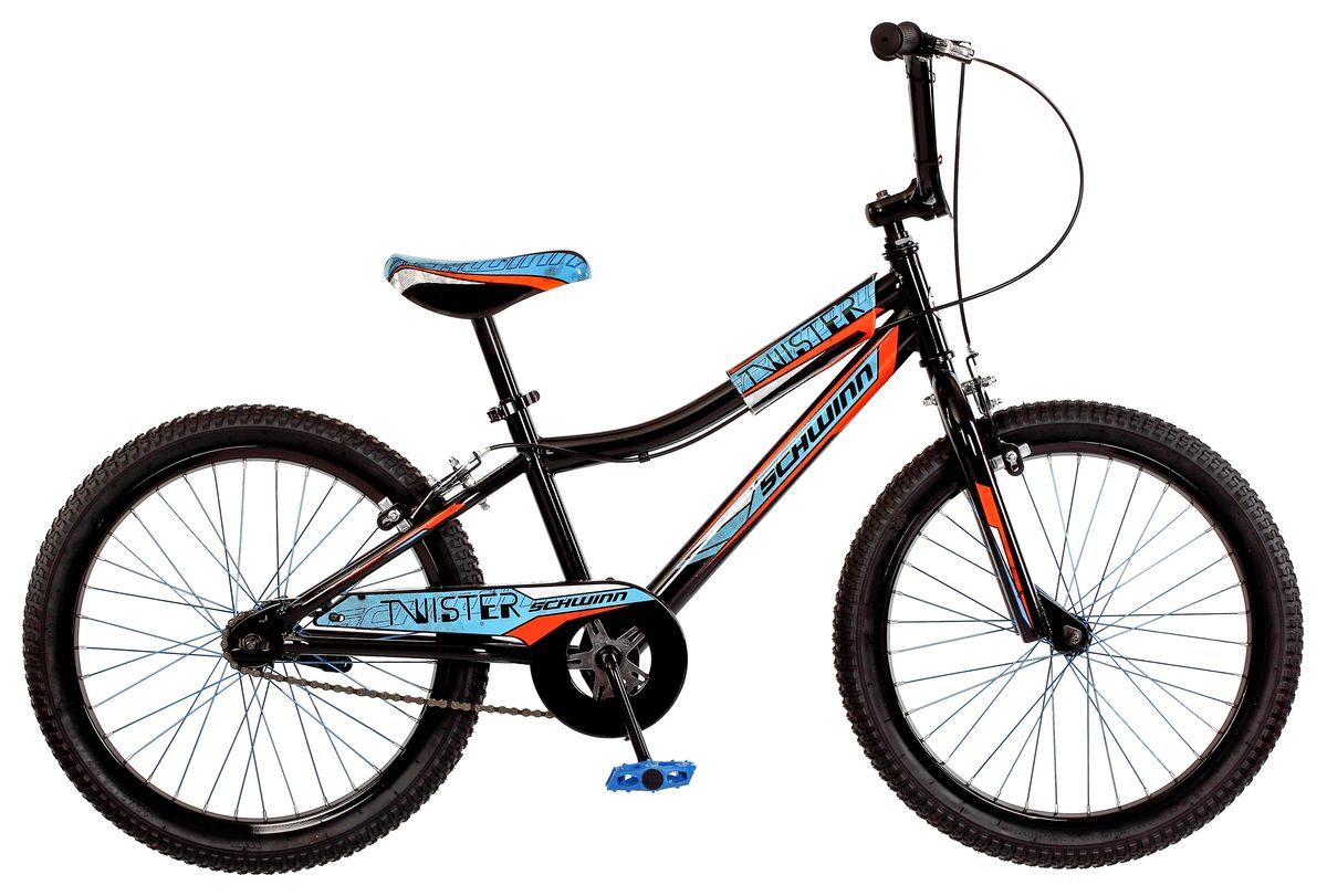 Велосипед детский Schwinn Twister, колеса 20, 1 скорость, цвет: черныйS2378E Велосипед детский Schwinn Twister, колеса 20, 1 скорость, цвет: черныйS2378EСпортивный стиль велосипеда Twister подчёркивает гоночная черно-голубая раскраска с яркими элементами. Прочная стальная рама и вилка – это основа надёжной конструкции велосипеда. Седло регулируется по высоте. Мягкая накладка на верхней трубе защищает от травм во время катания. Ободные тормоза надёжны и проверены временем, они не подводят в любую погоду. Полноразмерная защита цепи спасёт одежду от загрязнения. Schwinn SmartStart - новая концепция в разработке детских велосипедов, учиться кататься стало проще и веселее!• Рама Schwinn Smart Start• Надёжные ободные тормоза• Регулировка высоты седла без инструментов• Регулировка высоты руля и наклону• Полноразмерная защита цепи• Мягкая накладка на верхней трубе• Цветные спицы• Подножка в комплекте• Колёса 20• Велосипед для детей 6-9 лет• Для роста 115-130см