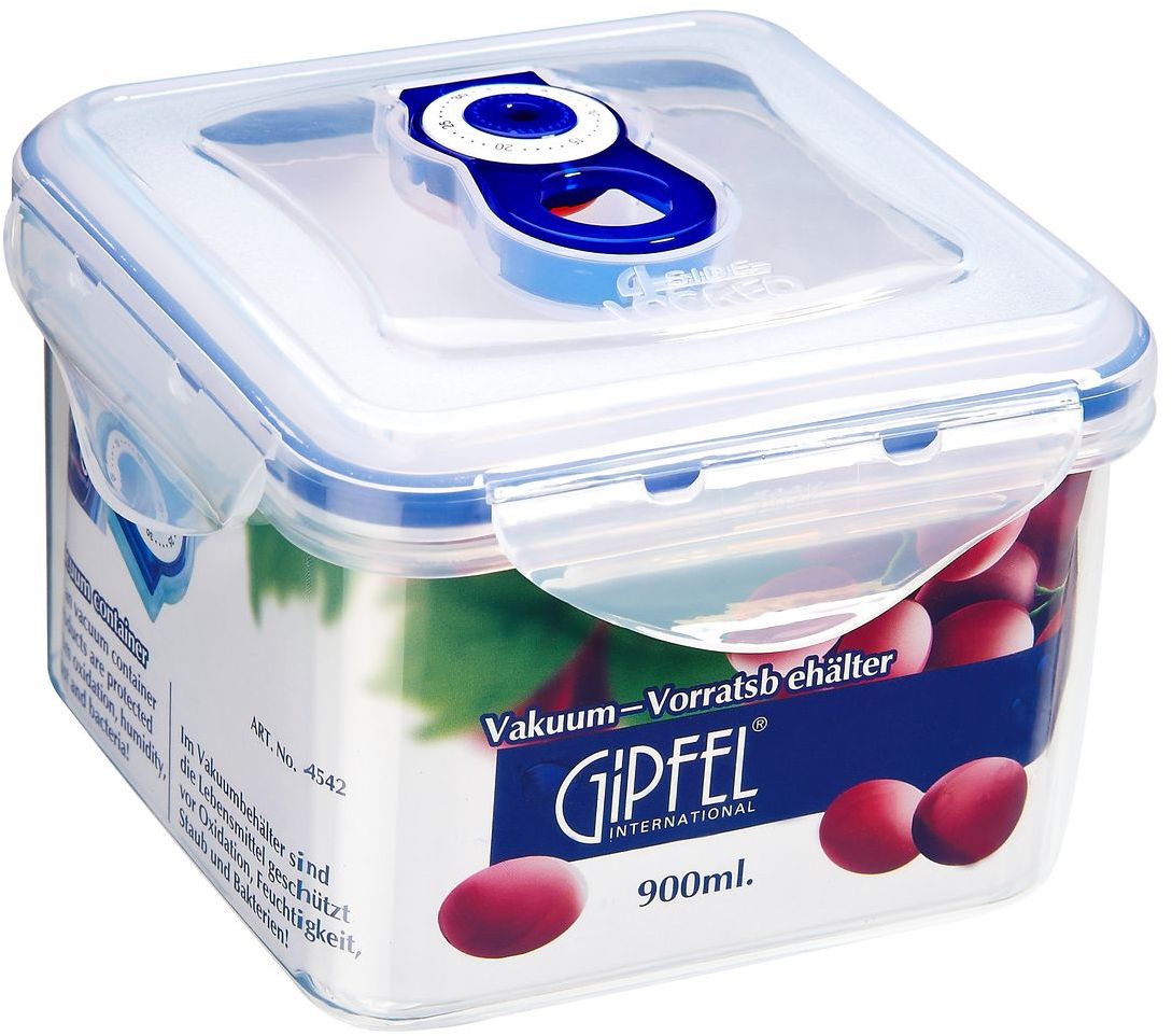Контейнер вакуумный Gipfel, 900 мл4542 Контейнер вакуумный Gipfel, 900 мл4542Вакуумный контейнер Gipfel, изготовленный из высококачественного пищевого пластика, предназначен для сохранения свежести, аромата, цвета и питательных веществ любых продуктов питания. Контейнер может использоваться для маринования и для хранения продуктов в холодильнике и морозилке.Хранение продуктов в вакуумных контейнерах не заменяет обычных способов хранения, а дополняет их, ведь таким образом срок хранения увеличивается в 3-4 раза. Вакуум, образованный путем удаления воздуха из посуды, приостанавливает размножение бактерий и окисление продуктов. Так, сроки хранения в холодильнике (при температуре от 3°С до 5°С) возрастают (приблизительно): для мяса - с 3 до 10 дней, для сыра - с 12 до 25 дней, для овощей - с 4 до 8 дней, для хлеба - с 2 до 10 дней, для пирожных - с 4 до 10 дней.
