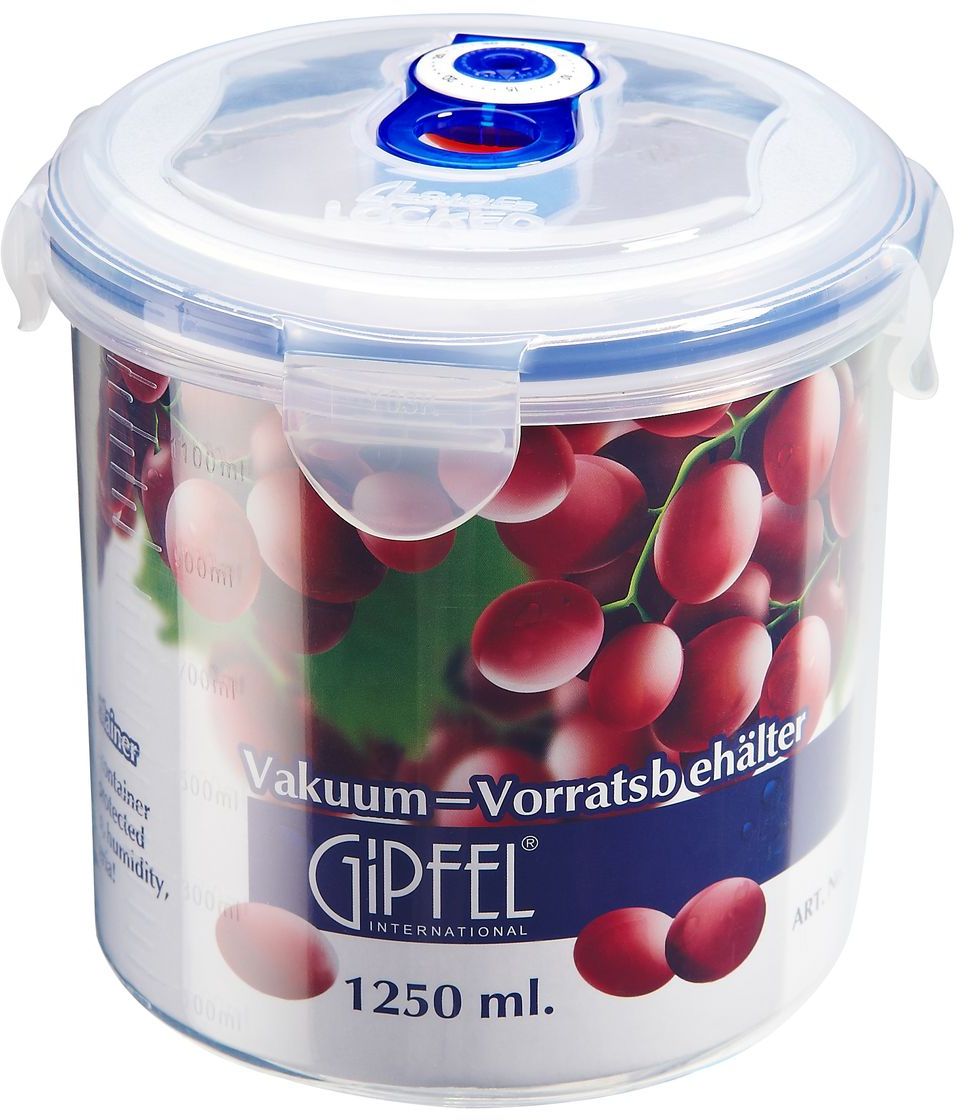 Контейнер вакуумный Gipfel, 1250 мл4550 Контейнер вакуумный Gipfel, 1250 мл4550Вакуумный контейнер Gipfel, изготовленный из высококачественного пищевого пластика, предназначен для сохранения свежести, аромата, цвета и питательных веществ любых продуктов питания. Контейнер может использоваться для маринования и для хранения продуктов в холодильнике и морозилке.Хранение продуктов в вакуумных контейнерах не заменяет обычных способов хранения, а дополняет их, ведь таким образом срок хранения увеличивается в 3-4 раза. Вакуум, образованный путем удаления воздуха из посуды, приостанавливает размножение бактерий и окисление продуктов. Так, сроки хранения в холодильнике (при температуре от 3°С до 5°С) возрастают (приблизительно): для мяса - с 3 до 10 дней, для сыра - с 12 до 25 дней, для овощей - с 4 до 8 дней, для хлеба - с 2 до 10 дней, для пирожных - с 4 до 10 дней.
