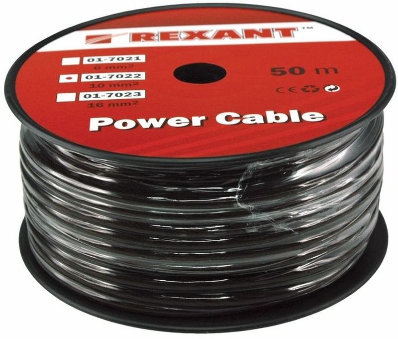 Кабель силовой Rexant Power Cable, цвет: черный, диаметр 7,5 мм, длина 50 м01-7022 Кабель силовой Rexant Power Cable, цвет: черный, диаметр 7,5 мм, длина 50 м01-7022Кабель акустический торговой марки Rexant 1х10 мм? используется для подключения звуковых систем и является важным элементом для передачи аудиосигнала. Качественный акустический кабель торговой марки REXANT – залог отличного звука домашней или автомобильной аудиоаппаратуры. Высокое качество изготовления и широкая область применения отличает акустический кабель торговой марки Rexant. Отличное сочетание цены и качества этой продукции порадует любого аудиолюбителя, цель которого – получить чистый звук по выгодной цене. Кабель акустический торговой марки Rexant 1х10 мм? состоит многопроволочного проводника в изоляции из сверхэластичного прозрачного поливинилхлоридного пластиката благодаря которому кабель сохраняется работоспособность при температуре до плюс 128 С °Сечение проводника составляет 6мм?Напряжение до 48 Вольт