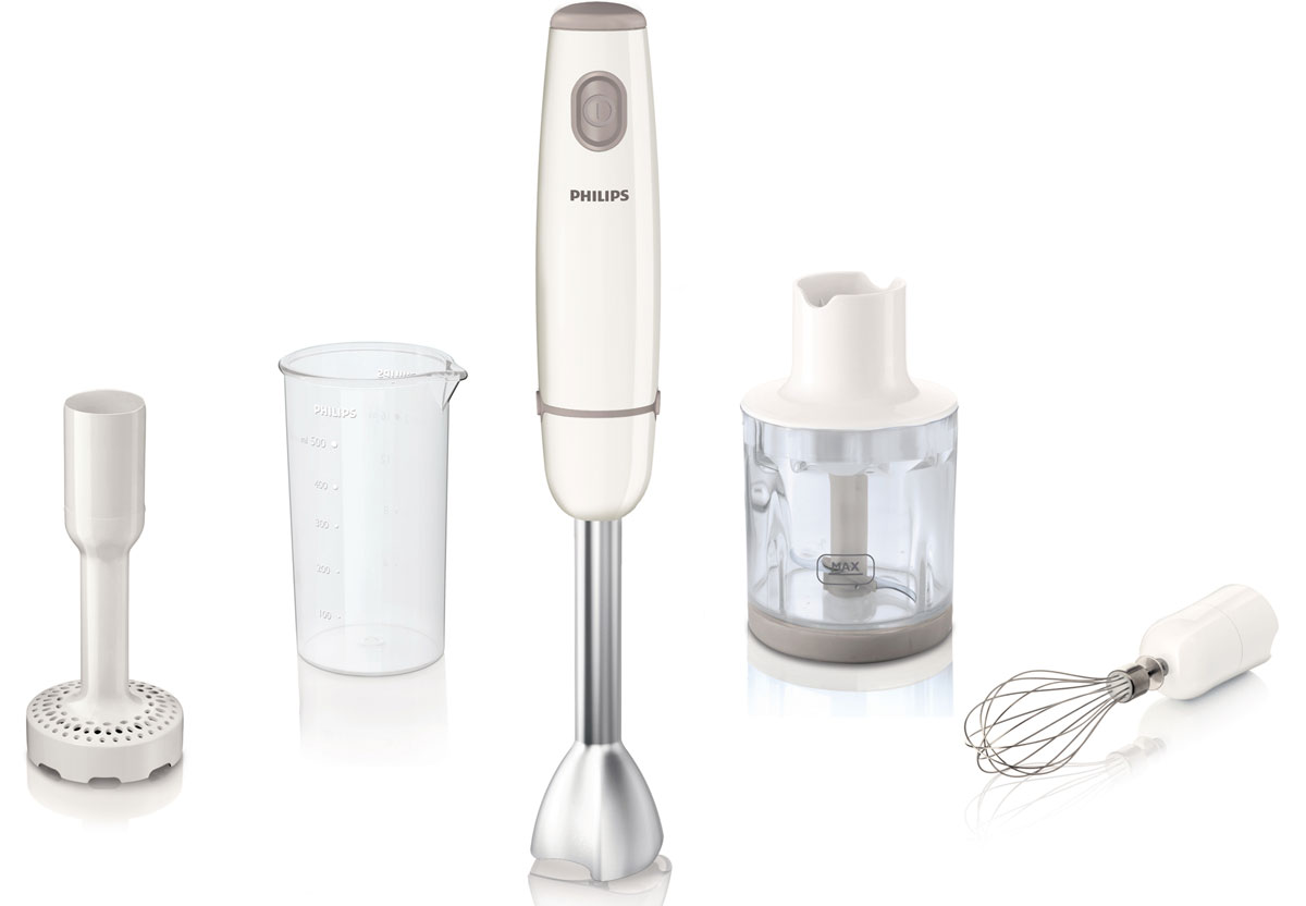 Philips HR1608/00 погружной блендерHR1608/00 Philips HR1608/00 погружной блендерHR1608/00Ручной блендер Philips HR1608/00 из коллекции Daily мощностью 550 Вт оснащен насадкой уникальной конструкции. В комплект также входят измельчитель, венчик и насадка для картофельного пюре. Технология ProMix блендера Philips была разработана в сотрудничестве со специалистами престижного Штутгартского университета. Усовершенствованная технология обеспечивает большую однородность и скорость смешивания. ProMix - это треугольная форма насадки, которая гарантирует идеальную консистенцию супов и смузи. Используйте ручной блендер с компактным измельчителем (300 мл), чтобы мелко нарезать мясо, зелень, орехи, сыр, шоколад и лук всего за несколько секунд. Насадка-венчик подойдет для приготовления взбитых сливок, майонеза, жидкого теста. С помощью насадки для пюре можно приготовить идеальное пюре без комочков. Все компоненты Philips HR1608/00 можно мыть в обычной посудомоечной машине.