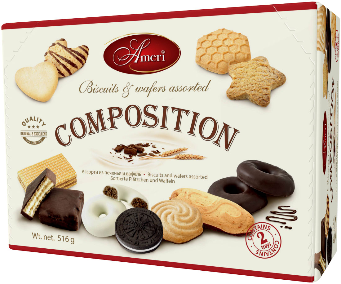 Ameri Composition Ассорти из печенья и вафель, 516 г1540148 Ameri Composition Ассорти из печенья и вафель, 516 г1540148Ассорти печенья и вафель от Бельгийской компании под торговой маркой Амери.В коробке: песочное печенье с корицей Сердечко, Луна - песочное печенье с какао-глазурью, Звезда - песочное со вкусом кофе, Медовые соты - песочное с медом, Ракушка - песочное с кокосом, Колечко - песочное покрытое темным или белым шоколадом, вафли с шоколадом, День и ночь - шоколадное печенье с ванильным кремом, вафля с кокосовой начинкой, Каприз - песочное с какао основой.
