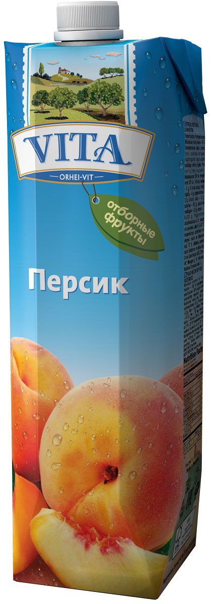 Vita нектар из персиков с мякотью, 1 лВГС_63 Vita нектар из персиков с мякотью, 1 лВГС_63Нектар из персиков Vita рекомендован при нарушении сердечного ритма, заболеваниях желудка с пониженной кислотностью. Персиковый нектар улучшает пищеварение, способствует повышению иммунитета организма, удаляет отечность тканей. Высокое содержание волокон позволяет регулировать деятельность кишечника. Без ароматизаторов, красителей и консервантов. Перед употреблением взбалтывать.