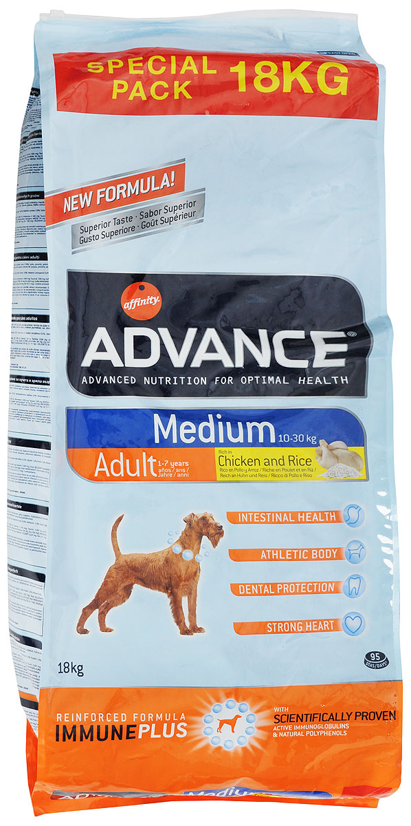 Корм сухой Advance Medium Adult для собак средних пород, с курицей и рисом, 18 кг46478 Корм сухой Advance Medium Adult для собак средних пород, с курицей и рисом, 18 кг46478Advance Maxi Adult - высококачественный корм супер-премиум класса. Разработан с учетом всех особенностей развития и жизнедеятельности собак. Advance Medium Adult является уникальной комбинацией активных иммуноглобулинов и и натуральных полифенолов. Иммуноглобулины. Натуральные белки, которые позволяют поддерживать здоровье желудка и кишечника.Природные полифенолы. Вместе с витаминами они позволяют сдерживать старение клеток.Хондроитин сульфат и глюкозамин. Их совместное действие способствует поддержанию хрящей суставов в хорошем состоянии и тем самым предупреждает проблемы с суставами.Курица и рис, основные ингредиенты. Превосходные источники высокоусваиваемых белков и углеводов для сбалансированного питания.Пирофосфаты. Специальные минералы, которые помогают предотвращать отложение камней и поддерживают хорошее дыхание.Таурин. Аминокислота, способствующая поддержанию правильной функции сердца.Не содержит искусственных красителей или консервантов. Товар сертифицирован.