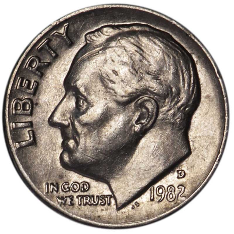 Монета номиналом 10 центов, Рузвельт. Двор D, медь, никель, США, 1982 год