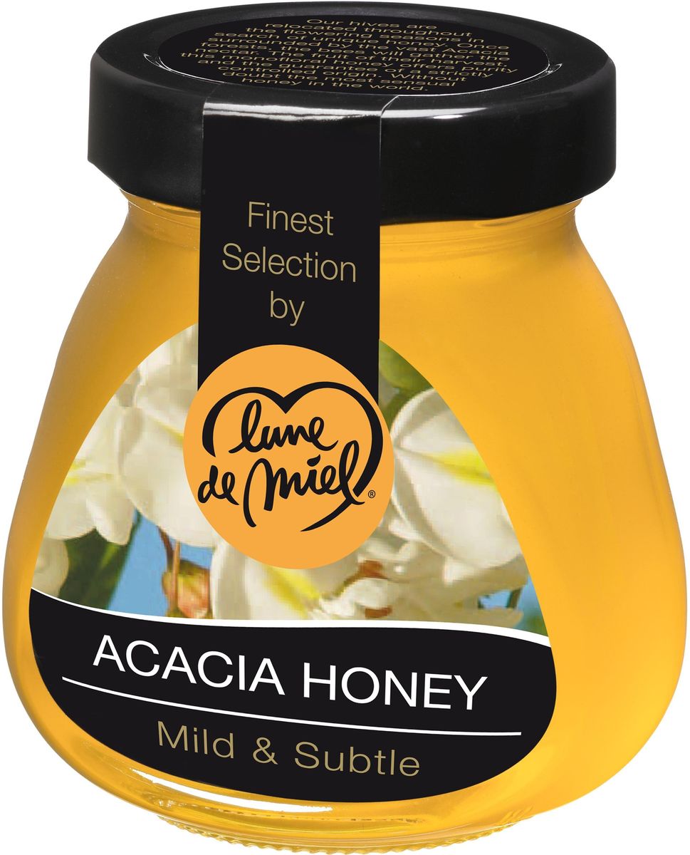 Lune de Miel Мед из акации, 375 г430113 Lune de Miel Мед из акации, 375 г430113Мед из акации - мягкий и нежный, прекрасно сочетается с йогуртами, тостами и овощами. Придает энергию, полезен при астении и физической слабости.