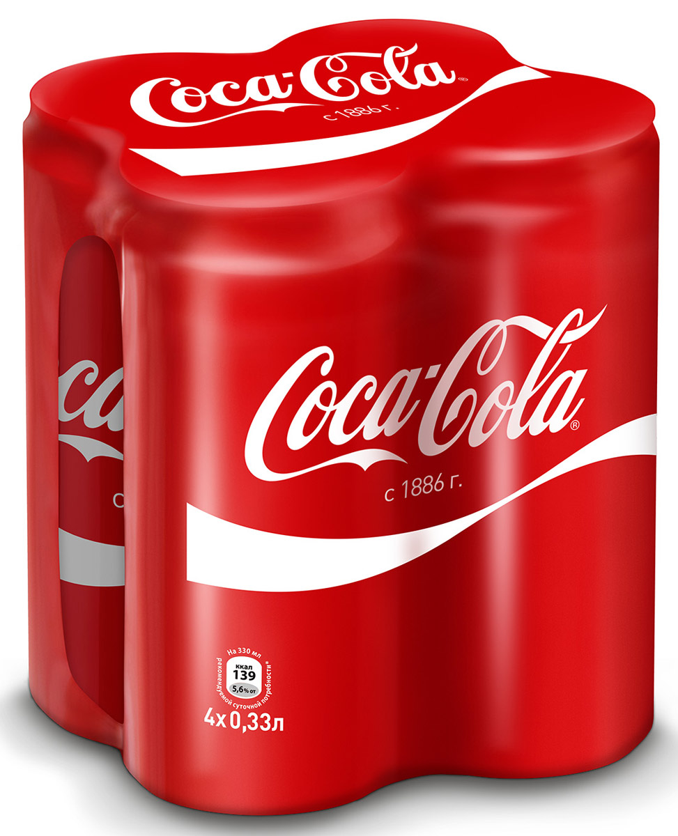 Coca-Cola напиток сильногазированный, 4 штуки по 0,33 л1180809 Coca-Cola напиток сильногазированный, 4 штуки по 0,33 л1180809Кока-Кола - самый популярный напиток за всю историю компании Coca-Cola, был придуман аптекарем Доктором Джоном Пэмбертоном в Атланте, штат Джорджия в 8 мая 1886 года. Никто не помнит, каким образом сироп доктора Пэмбертона смешался с газированной водой, но новый прохладительный напиток был сразу признан одновременно вкусным и освежающим. Формула Coca-Cola - один из самых тщательно оберегаемых коммерческих секретов всех времен и народов.Уважаемые клиенты! Обращаем ваше внимание, что полный перечень состава продукта представлен на дополнительном изображении.Упаковка может иметь несколько видов дизайна. Поставка осуществляется в зависимости от наличия на складе.