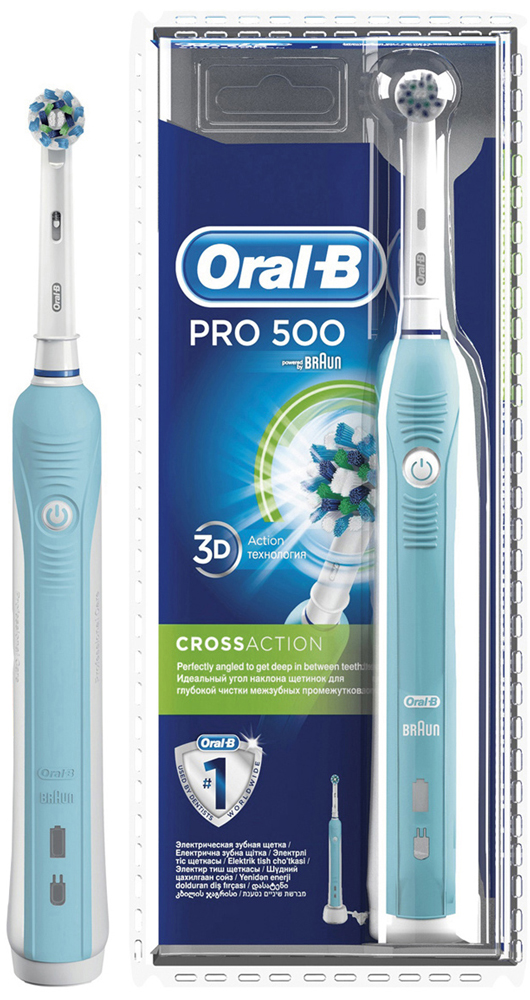 Электрическая зубная щетка Oral-B PRO 500 Cross Action (blister)CRS-80273547 Электрическая зубная щетка Oral-B PRO 500 Cross Action (blister)CRS-80273547Электрическая зубная щетка Oral-B PRO 500 удаляет до двух раз больше зубного налета, чем мануальная зубная щетка. Благодаря профессионально разработанному дизайну насадки CrossAction, щетинки, расположенные под углом 16?, окружают каждый зуб, бережно удаляя налет даже из труднодоступных мест и вдоль линии десны.Комплектация: аккумуляторная электрическая зубная щетка с 1 режимом чистки: «Ежедневная чистка» (1 шт.), сменная насадка CrossAction (1 шт.), зарядное устройство (1 шт.)Подходит для детей с 3 лет.8800 возвратно-вращательных движений + 20000 пульсирующих движений.Перейдите на новый уровень чистки за 2 минуты!* Удаляет до 100% больше зубного налета, чем мануальная зубная щетка, а также улучшает состояние десен.* Голубые щетинки Indicator обесцвечиваются наполовину, сигнализируя о необходимости замены насадки. Регулярно меняйте насадку, чтобы постоянно получать превосходный результат (менять насадку рекомендуется в среднем раз в 3 месяца.)* Разработана со стоматологами. Закругленные кончики щетинок и встроенный датчик давления (автоматически отключающий пульсацию при чрезмерном давлении на щетку) гарантируют безопасность применения.* Oral-B – марка зубных щеток №1, используемая большинством стоматологов мира!* (* на основании международных опросов P&G среди репрезентативной выборки стоматологов, проводимых регулярно, в т.ч. 2013-2015 гг.)* Гарантия результата или возврат денег. (Испытайте в действии зубную щетку Oral-B в течение 30 дней. Если вы не будете на 100% удовлетворены результатом, Oral-B вернет деньги. Подробная информация: vk.com/insmiles и everydayme.ru/teg/oral-b )* 3D-технология чистки совмещает возвратно-вращательные движения с пульсацией: пульсирующие движения бережно разрыхляют зубной налет, а возвратно-вращательные движения выметают его и массируют десны.* Производится в Германии.* Водонепроницаемая ручка и компактное зарядное устройство.
