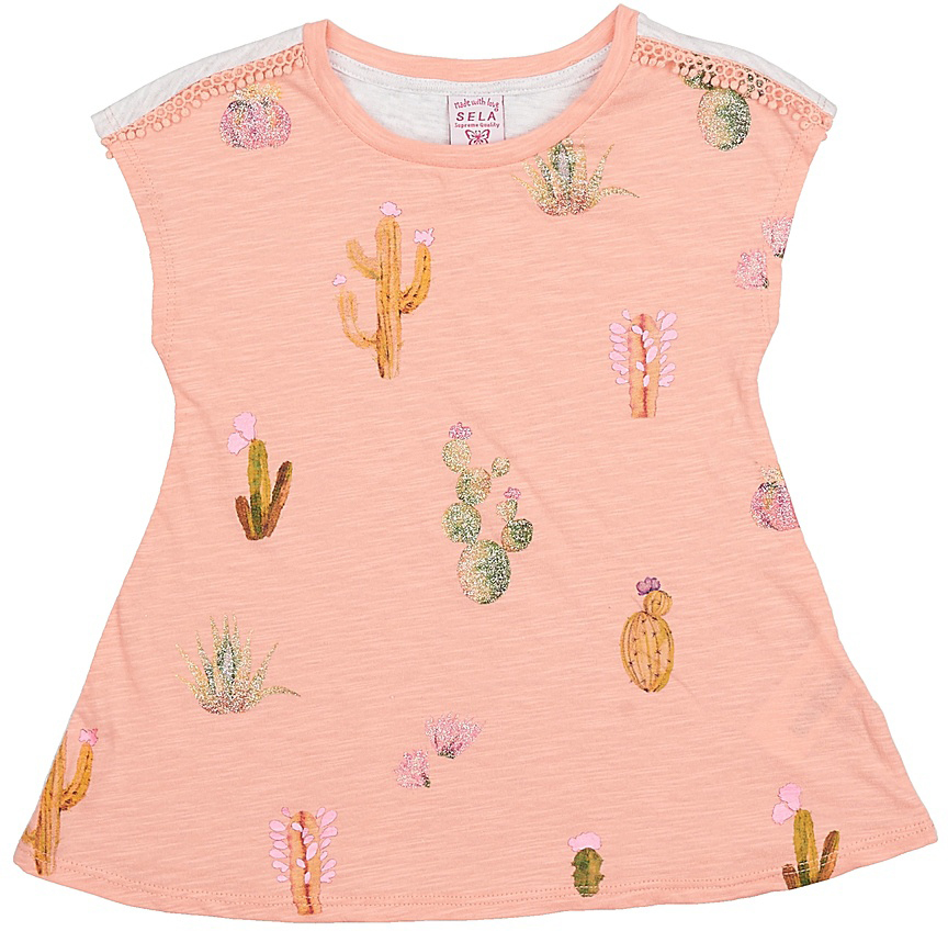Футболка для девочки Sela, цвет: светло-коралловый. Ts-511/327-7214. Размер 116, 6 летTs-511/327-7214 Футболка для девочки Sela, цвет: светло-коралловый. Ts-511/327-7214. Размер 116, 6 летTs-511/327-7214Яркая футболка для девочки Sela станет отличным дополнением к гардеробу юной модницы. Модель прямого кроя изготовлена из натурального хлопка и оформлена оригинальным принтом. Спинка и полочка выполнены из материалов контрастных цветов. Воротник дополнен мягкой эластичной бейкой.