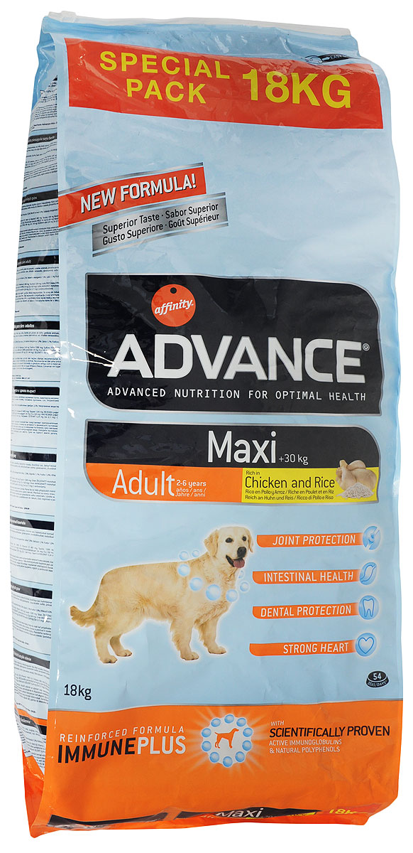 Корму сухой Advance Maxi Adult для взрослых собак крупных пород, с курицей и рисом, 18 кг13068 Корму сухой Advance Maxi Adult для взрослых собак крупных пород, с курицей и рисом, 18 кг13068Advance Maxi Adult – высококачественный корм супер-премиум класса. Разработан с учетом всех особенностей развития и жизнедеятельности собак. Advance Maxi Adult является уникальной комбинацией активных иммуноглобулинов и и натуральных полифенолов. Иммуноглобулины. Натуральные белки, которые позволяют поддерживать здоровье желудка и кишечника.Природные полифенолы. Вместе с витаминами они позволяют сдерживать старение клеток.Хондроитин сульфат и глюкозамин. Их совместное действие способствует поддержанию хрящей суставов в хорошем состоянии и тем самым предупреждает проблемы с суставами.Курица и рис, основные ингредиенты. Превосходные источники высокоусваиваемых белков и углеводов для сбалансированного питания.Пирофосфаты. Специальные минералы, которые помогают предотвращать отложение камней и поддерживают хорошее дыхание.Таурин. Аминокислота, способствующая поддержанию правильной функции сердца.Не содержит искусственных красителей или консервантов. Товар сертифицирован.
