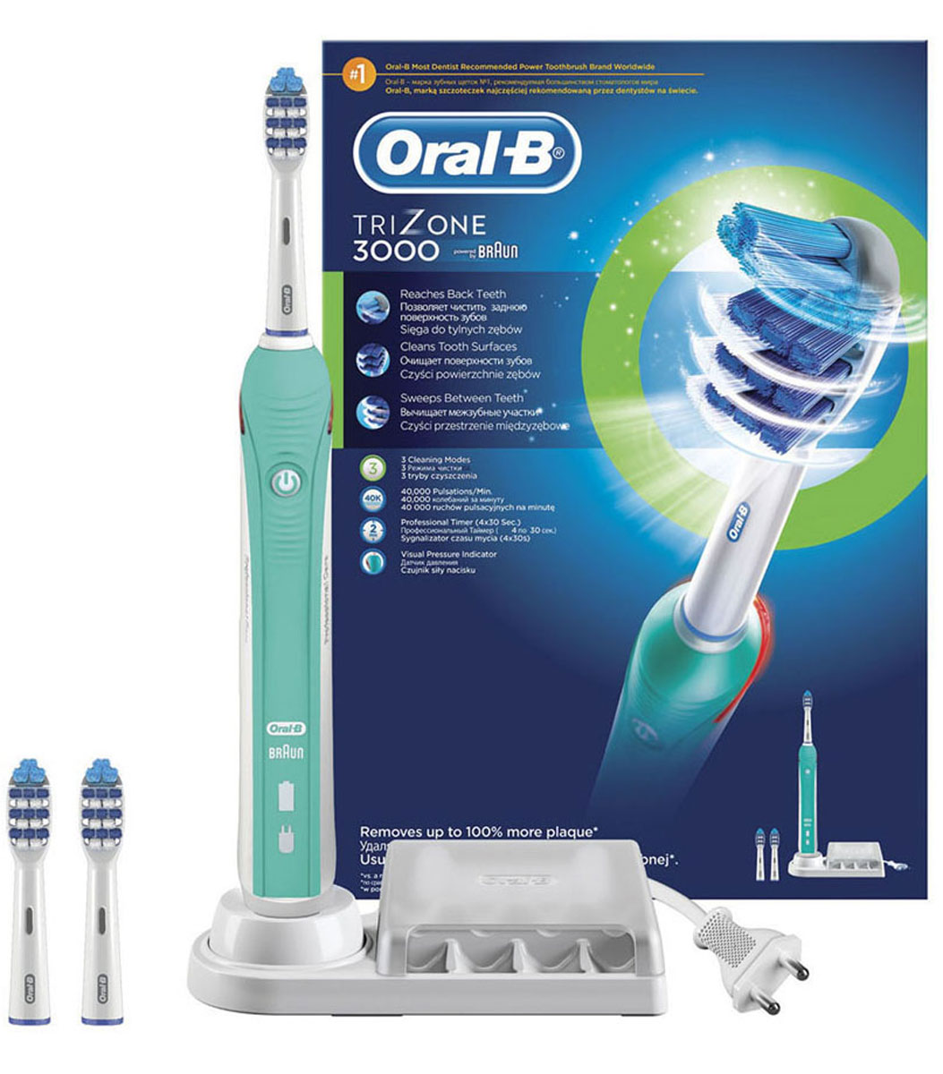 Электрическая зубная щетка Oral-B TriZone 3000CRS-80228236 Электрическая зубная щетка Oral-B TriZone 3000CRS-80228236Благодаря специально разработанному дизайну головки зубная щетка TriZone достает до трудноступных мест, очищает поверхность зубов и проникает между зубами. Щетка разработана специально для тех, кто привык к классической технике чистки мануальной щеткой (выметающими движениями). Oral-B Trizone - единственная электрическая зубная щётка с использованием технологии трёхзонной чистки: Выступающие щетинки Power Tip очищают труднодоступные места, стационарная пульсирующая щетина качественно очищает поверхность зубов, а удлиненная вращающаяся пульсирующая щетина проникает в межзубное пространство. Головка щётки на 20% меньше по размеру, но покрывает площадь на 43% больше, чем головка мануальной щётки.Комплектация: аккумуляторная электрическая зубная щетка (1 шт.), сменная насадка Trizone (3 шт.), зарядное устройство (1 шт.)Три режима чистки: «Ежедневная чистка», «Для чувствительных зубов» и «Отбеливание».- Голубые щетинки Indicator обеспечиваются наполовину, сигнализируя о необходимости замены насадки (чтобы постоянно получать превосходный результат, менять насадку рекомендуется в среднем раз в 3 месяца).Подходит для детей с 3 лет.Перейдите на новый уровень чистки за 2 минуты!* Oral-B – марка зубных щеток №1, используемая большинством стоматологов мира!* (* на основании международных опросов P&G среди репрезентативной выборки стоматологов, проводимых регулярно, в т.ч. 2013-2015 гг.)* Удаляет до 100% больше зубного налета по сравнению с обычной зубной щеткой без изменения привычной техники чистки.* 3 режима чистки + встроенный таймер обеспечивают комплексный уход в учетом рекомендий стоматологов.* Oral-B представляет большое разнообразие сменных насадок для электрических щеток. Все щетки Oral-B с возвратно-вращательной технологией (включая щетку Trizone) cочетаются со всеми насадками Oral-B (кроме звуковой насадки Sonic). Вы сможете подобрать насадку, максимально отвечающую вашим потребностям.* Производится в Германии.* Гарантия результата или возврат денег. (Испытайте в действии зубную щетку Oral-B в течение 30 дней. Если вы не будете на 100% удовлетворены результатом, Oral-B вернет деньги. Подробная информация: vk.com/insmiles и everydayme.ru/teg/oral-b )* Разработано со стоматологами: 3D-технология чистки. Щетинки Trizone чистят одновременно в трех направлениях, совершая 8800 движений в минуту. 40 000 пульсирующих движений помогают размягчать зубной налет для еще более эффективного очищения.* Визуальный датчик давления не только автоматически отключает пульсацию, но и загорается красным, помогая привыкнуть к правильной технике чистки. Закругленные кончини щетинок защищают эмаль.