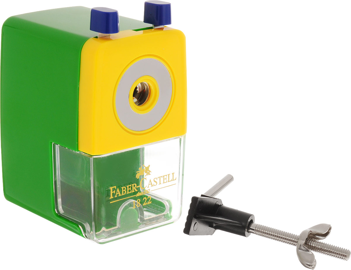 Faber-Castell Точилка настольная цвет зеленый582200_зеленый Faber-Castell Точилка настольная цвет зеленый582200_зеленыйТочилка Faber-Castell - удобный и практичный инструмент в повседневной офисной работе.Точилка из высококачественного пластика оснащена рукояткой с механизмом кругового вращения и съемным контейнером для стружки. Вращающийся, остро заточенный металлический нож точилки обеспечивает бережную и качественную заточку круглых, шестигранных и трехгранных карандашей.В комплекте с точилкой предусмотрено крепление к столу.