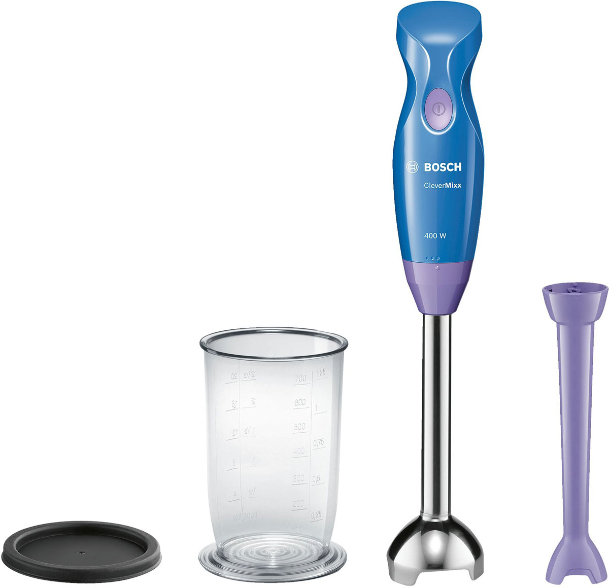 Bosch MSM2413V, Blue Violet блендер погружнойMSM2413V Bosch MSM2413V, Blue Violet блендер погружнойMSM2413VБлендер Bosch MSM2413V идеально подходит для мелких порций и приготовления детского питания.Теперь благодаря мощному мотору 400 Вт, вы сможете приготовить напитки быстро и легко, в то время как все ингредиенты будут измельчены равномерно.Съемная ножка блендера из высококачественной нержавеющей стали отлично подходит для приготовления пюре и смешивания без лишних усилий и разбрызгивания.Простое использование обеспечивается благодаря небольшому весу и эргономичной форме.Прозрачный мерный стакан с крышкой для перерабатываемых продуктов, и их охлаждения в холодильнике.Все аксессуары пригодны для мытья в посудомоечной машине: съемная ножка блендера из нержавеющей стали,мерный стакан и дополнительный аксессуар SlimFoot.