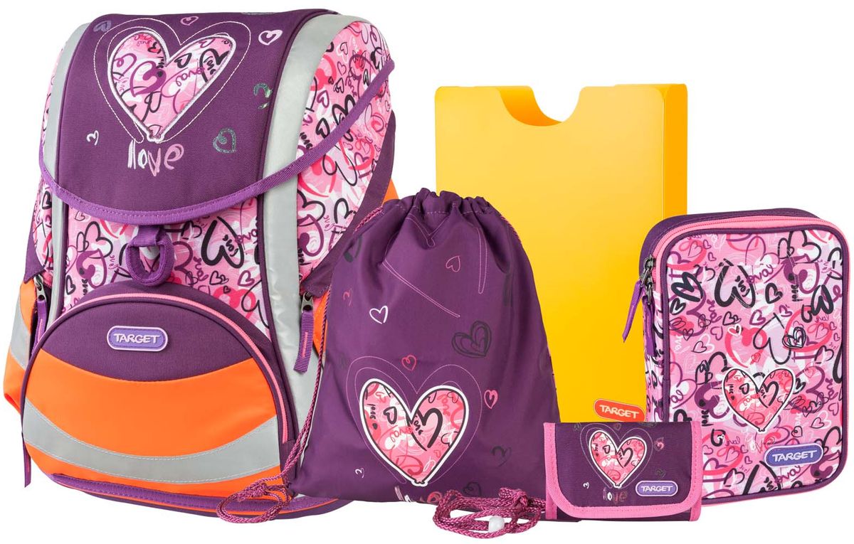 Target Collection Ранец школьный Сердце 5 в 117957 Target Collection Ранец школьный Сердце 5 в 117957Ранец изготовлен из современных, прочных материалов. Техническими особенностями ранца является система Flexiball - поясничная поддержка, правильно распределяет вес ранца, автоматически подстраивается под ребенка, и поэтому обеспечивает идеальное положение в области поясницы ребёнка. Плечевые лямки можно регулировать для каждого ребенка индивидуально, содержат вентиляционные отверстия, оснащены ЭКО-пеной. Светоотражающий материал присутствует на передней, боковой и задней частях рюкзака, что позволяет сделать вашего ребенка более заметным, а так же обезопасить его не только днем, но и ночью. Молнии рюкзака прочные, металлические. В комплект данного набора входит сам ранец, сумка для сменной обуви, пенал овальный, пенал с канцтоварами (В комплекте: Точилка для карандашей, Ластик, Простой карандаш, 6 больших цветных карандаша,12 карандашей цветных), папка-держатель из ЭКО-пластика формата А4. При создании данной модели используются улучшенные материалы (3D), которые имеют свойство «дышать». Благодаря этим материалам воздух циркулирует, и следовательно, спина ребёнка не будет потеть. Дополнительно, имеется грудное крепление-стяжка для фиксации на плечах и поясничное крепление для фиксации на поясе ребенка, они установлены так, чтобы порфель самыми оптимальным образом сидел на на теле ребенка. Правильно используя ремни, вес портфеля распределяется следующим образом: 50% на бедра и 50% на поясничную часть, что ощутимо позволяет уменьшить нагрузку и усилия при ходьбе. Мягкая ручка в верхней части позволяет сделать ношение в руке более удобным и комфортным. Дно портфеля изготовлено из качественного и прочного материала. Внутри вложенные угловые элементы, чтобы не было прямого контакта с грунтом и таким образом, образуется защита от грязи. Порфель предназначен для детей ростом от 110 см: размер M - для детей ростом между 110 и 125 см;размер L подходит для детей ростом между 125 и 140 см;размер XL - для детей выше 140 см
