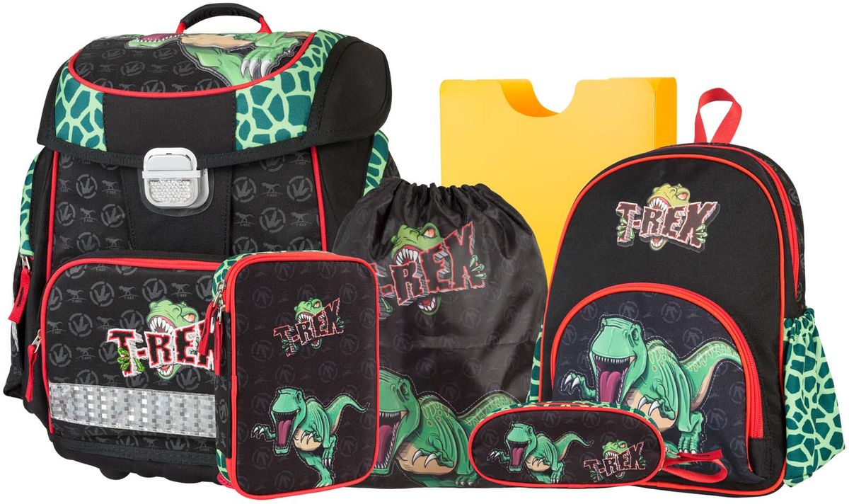 Target Collection Ранец школьный T-Rex с наполнением 5 предметов19666 Target Collection Ранец школьный T-Rex с наполнением 5 предметов19666Школьный ранец Target Collection T-Rex имеет яркий рисунок, изготовлен из современных и прочных материалов. При создании данной модели использовались улучшенные материалы, которые имеют свойство дышать.Ранец оснащен вместительным отделением и одним фронтальным карманом на лицевой стороне. Также по бокам имеются два кармана на молниях. Ранец имеет форму куба и закрывается на удобный замок со светоотражателем. Бегунки на застежках дополнены удобными тканевыми держателями.В комплект данного набора входят сам ранец, рюкзак, сумка для сменной обуви, пенал овальный, пенал с канцтоварами, папка-держатель из ЭКО-пластика формата А4.Ранец имеет ортопедическую спинку, плечевые лямки можно отрегулировать для каждого ребенка индивидуально. Светоотражающий материал присутствует на передней, боковой и задней частях ранца, что сделает вашего ребенка более заметным в темное время суток. Мягкая ручка в верхней части изделия сделает ношение в руке более удобным и комфортным. Прочное и устойчивое дно на пластиковых ножках защитит ранец от загрязнения.Такой ранец отлично подойдет для учащихся начальных классов.