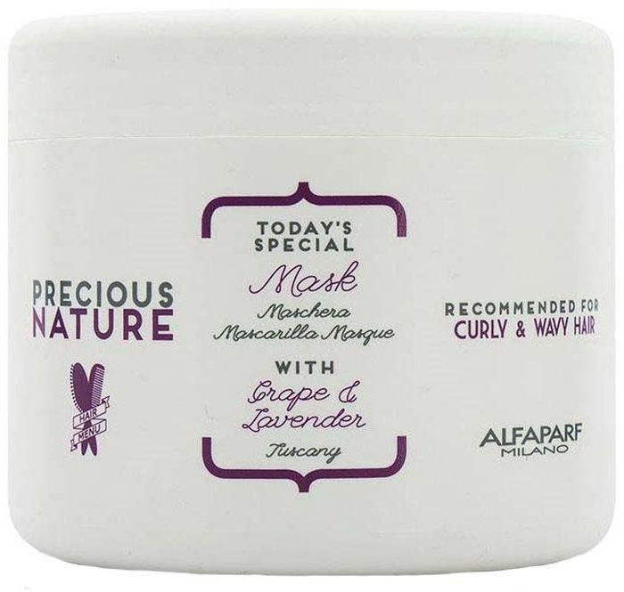 Alfaparf Precious Nature Mask for Curly and Wavy Hair Маска для кудрявых и вьющихся волос, 500 мл12521 Alfaparf Precious Nature Mask for Curly and Wavy Hair Маска для кудрявых и вьющихся волос, 500 мл12521Легкая невесомая увлажняющая маска с эффектом anti-frizz облегчает расчесывание волос, делая их более мягкими и блестящими. Входящие в состав эссенция лаванды и сыворотка винограда способствуют формированию идеальных волн и завитков, не утяжеляя и не перегружая волосы. *100% натуральный ингредиент. НЕ СОДЕРЖИТ: сульфатов, парабенов, парафинов, минеральных масел, синтетических веществ, аллергенов*гипоаллергенные экстракты растений и ароматизаторыОбъем: 500 мл