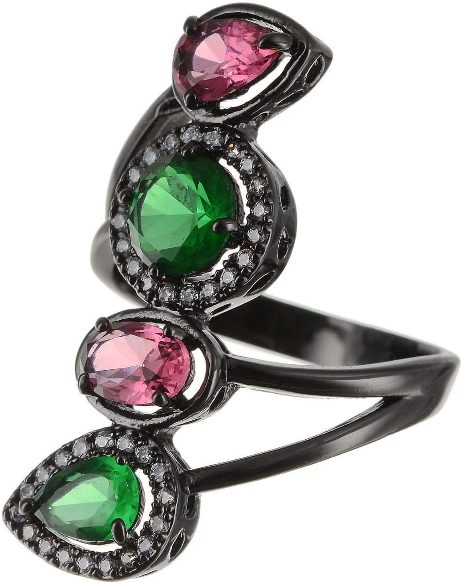Кольцо Art-Silver, цвет: черный, зеленый, розовый. 810998-802-1114. Размер 18