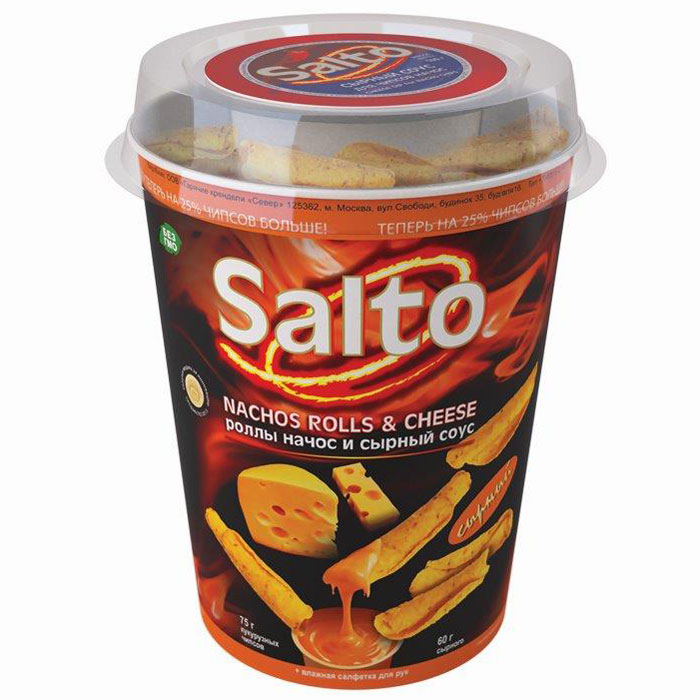 Salto Nachos Сырные роллы чипсы кукурузные натуральные, 75 гН00003083 Salto Nachos Сырные роллы чипсы кукурузные натуральные, 75 гН00003083Набор, состоящий из натуральных кукурузных чипсов (NASHOS) + сырный соус + влажная салфетка для рук.