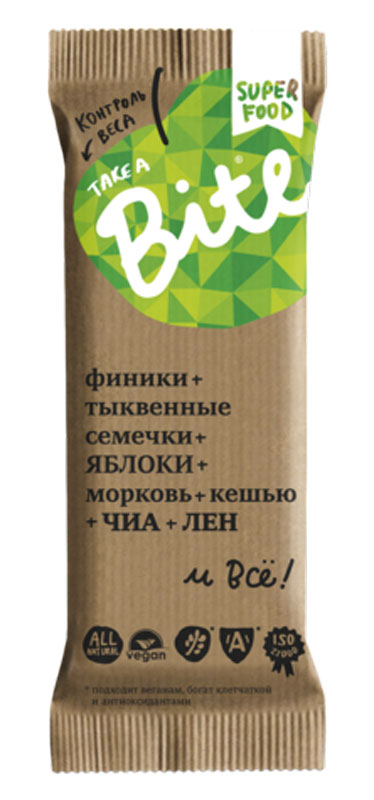 Take A Bite Морковь-Кешью Контроль веса батончик фруктово-ореховый, 45 г4650062590481 Take A Bite Морковь-Кешью Контроль веса батончик фруктово-ореховый, 45 г4650062590481Контролируешь свой вес? Конечно, важно, что ты ешь, но иногда можно получить два в одном — полезное и вкусное лакомство. Ныряй в море удовольствия из ЯБЛОК, моркови и фисташек.Будь легче!