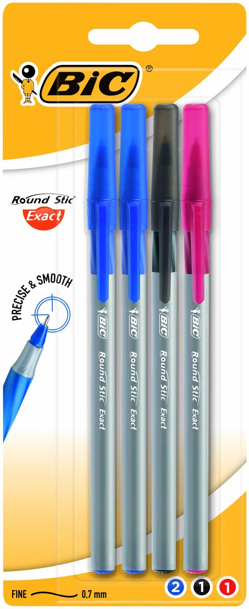 Bic Набор шариковых ручек Round Stick Exact 4 штB932858 Bic Набор шариковых ручек Round Stick Exact 4 штB932858Набор шариковых ручек трех цветов (две ручки синего цвета, одна - черного и одна - красного).Ручки снабжены пишущим узлом с технологией гладкого скольжения по поверхности. Прорезиненный грип обеспечивает высокий уровень комфорта при письме.
