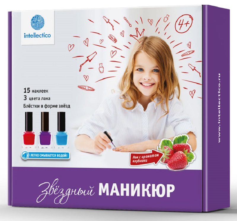 Intellectico Звездный маникюр782 Intellectico Звездный маникюр782Набор Звездный маникюр приведет в восторг любую девочку, следующую современным модным тенденциям.С помощью набора Звездный маникюр девочка сможет сделать стильный вечерний маникюр и стать королевой вечеринки. Настоящие маленькие звездочки будут мерцать на ногтях. Кроме того, маникюр, сделанный с помощью лаков из набора, является безопасным. Лаки имеют уникальную формулу, благодаря которой легко смываются водой.