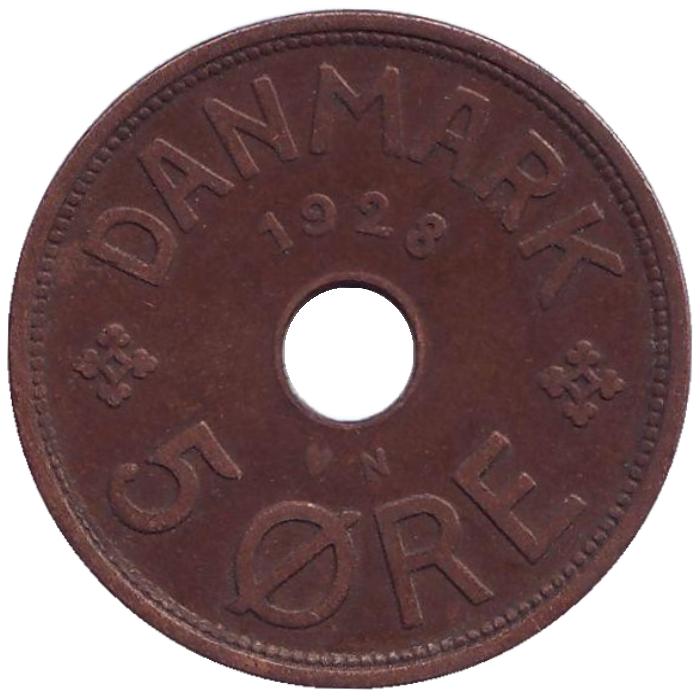 Монета номиналом 5 эре. Дания (N). 1928 год