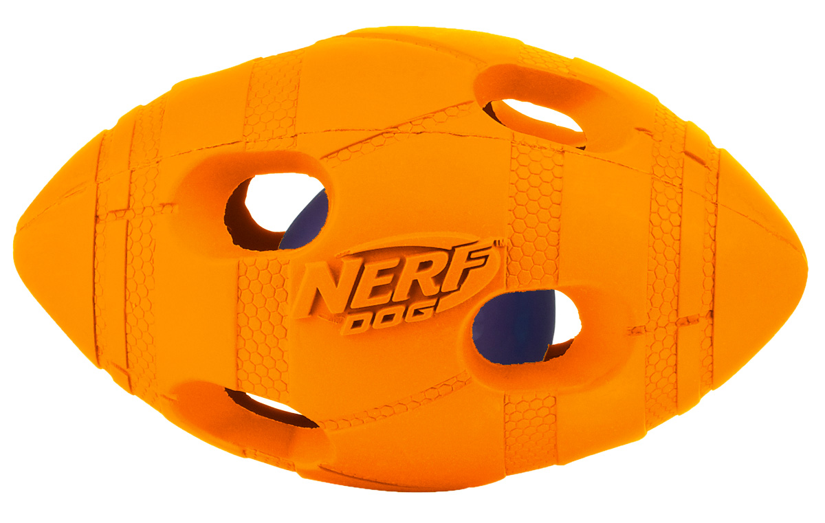 Игрушка для собак Nerf Мяч для регби, светящийся, цвет: оранжевый, синий, 10 см22644 Игрушка для собак Nerf Мяч для регби, светящийся, цвет: оранжевый, синий, 10 см22644Мяч-регби Nerf состоит из двух слоев прочной резины с отверстиями и LED-лампой внутри.LED при ударе начинает мигать, что приводит собаку в восторг, вдохновляя на игру.Оптимально для игры в темное время суток.Подходит собакам с мощной челюстью.Мяч имеет интересный рельефный рисунок.Размер S: 10 см.
