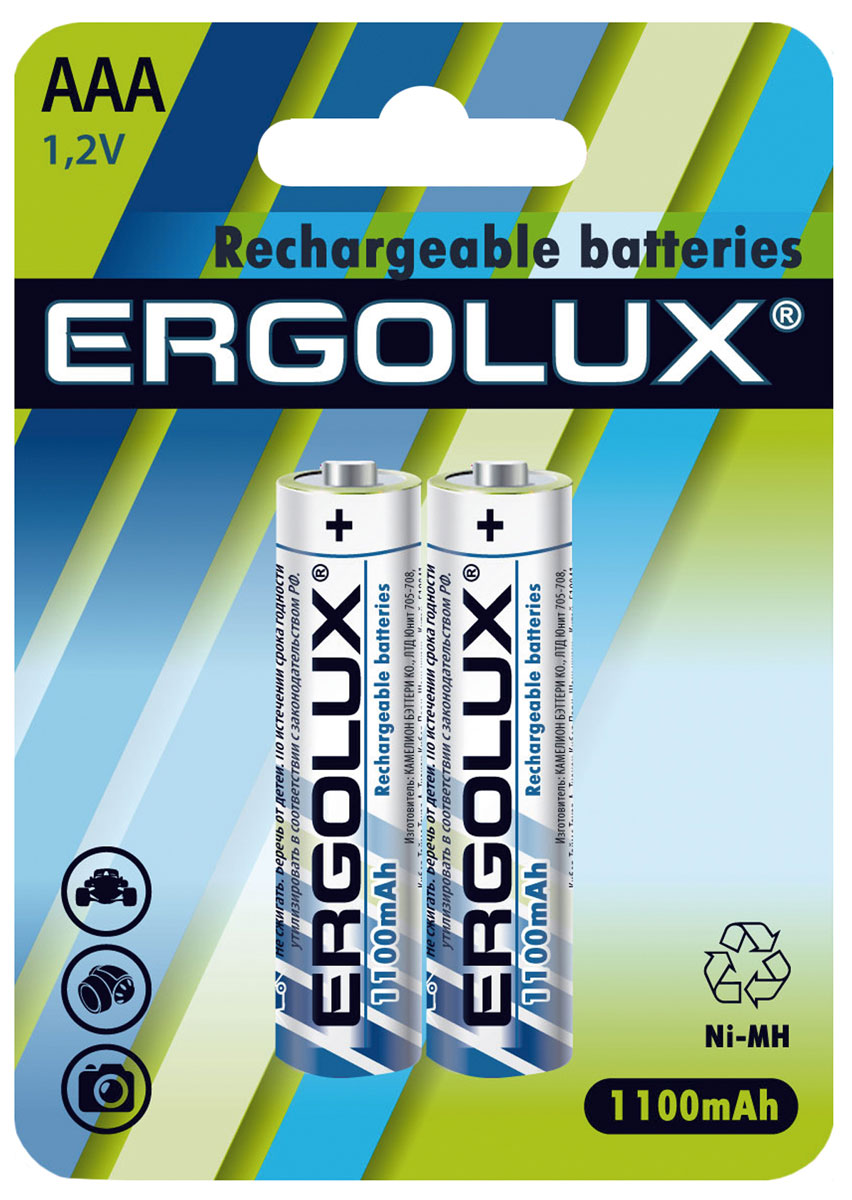 Батарейка аккумуляторная Ergolux, тип ААА, 1100 mAh, 1,2 В, 2 шт