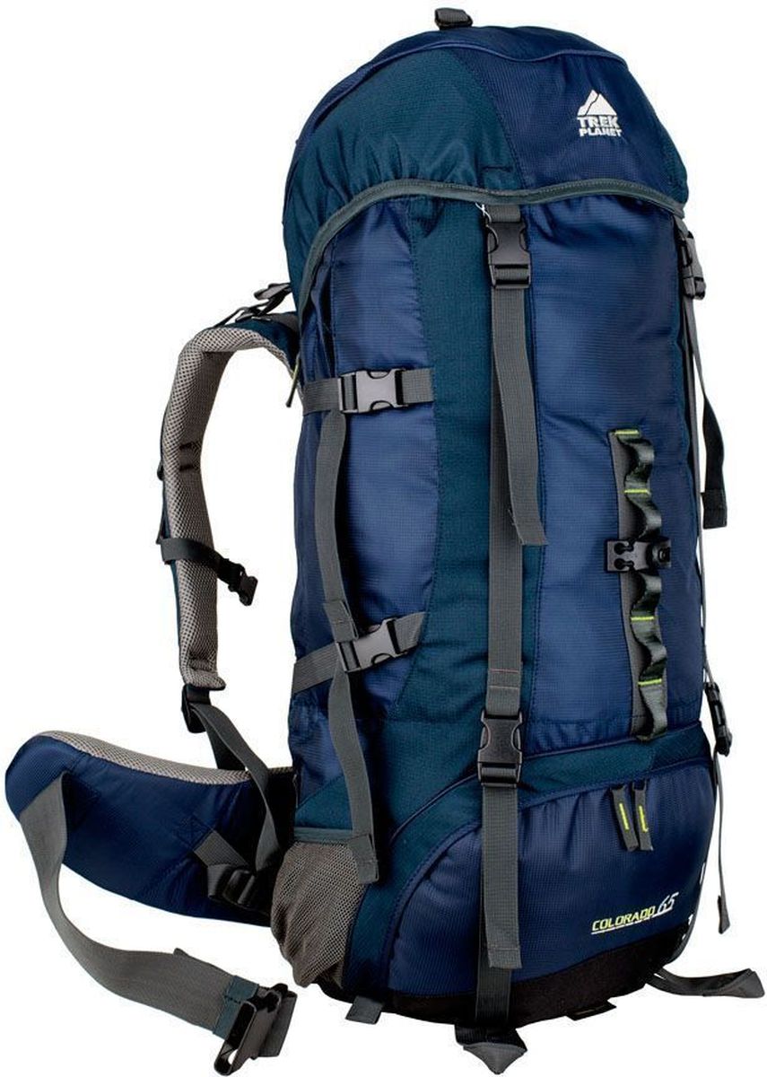 Рюкзак туристический TREK PLANET Colorado 65, цвет: синий, темно-синий, 65 л70552 Рюкзак туристический TREK PLANET Colorado 65, цвет: синий, темно-синий, 65 л70552Практичный туристический рюкзак TREK PLANET Colorado 65 станет отличным выбором для любителей походов и кемпингов. Анатомическая вентилируемая спина обеспечивает максимальный комфорт и стабилизацию рюкзака на спине. Оптимальное распределение нагрузки выполняет регулируемая система жесткой подвески V1. Объем рюкзака регулируется вертикальными и горизонтальными стропами. Дополнительный вход в нижнее отделение и два глубоких кармана на молнии по бокам.Особенности рюкзака: 2 глубоких кармана на молнии по бокам,2 боковых сетчатых кармана на резинке,Карман на поясном ремне,Дополнительные лямки внизу для крепления снаряжения,2 кармана в верхнем клапане,Дополнительный вход в нижнее отделение Компрессионные ремни.Съемный чехол от дождя.Объем рюкзака: 65 л.