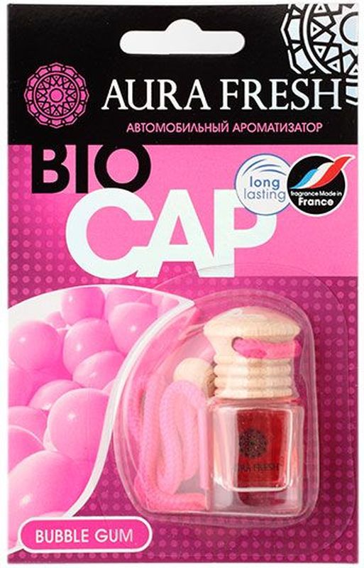 Ароматизатор автомобильный Aura Fresh Bio Cap. Bubble GumAUR-BC-0003 Ароматизатор автомобильный Aura Fresh Bio Cap. Bubble GumAUR-BC-0003Ароматизатор автомобильный Aura Fresh крепится с помощью компактной веревки на фронтальное обзорное зеркало автомобиля или любое другое удобное место. Миниатюрная емкость заполнена легким ароматом, окутывающим пространство внутри салона. Водителю больше не понадобится все время открывать окна для проветривания. Диффузор поддерживает ощущение чистоты и свежести. Ароматическая композиция раскрывается постепенно и ненавязчиво и обеспечивает нежный запах, который сохраняется максимально долго.
