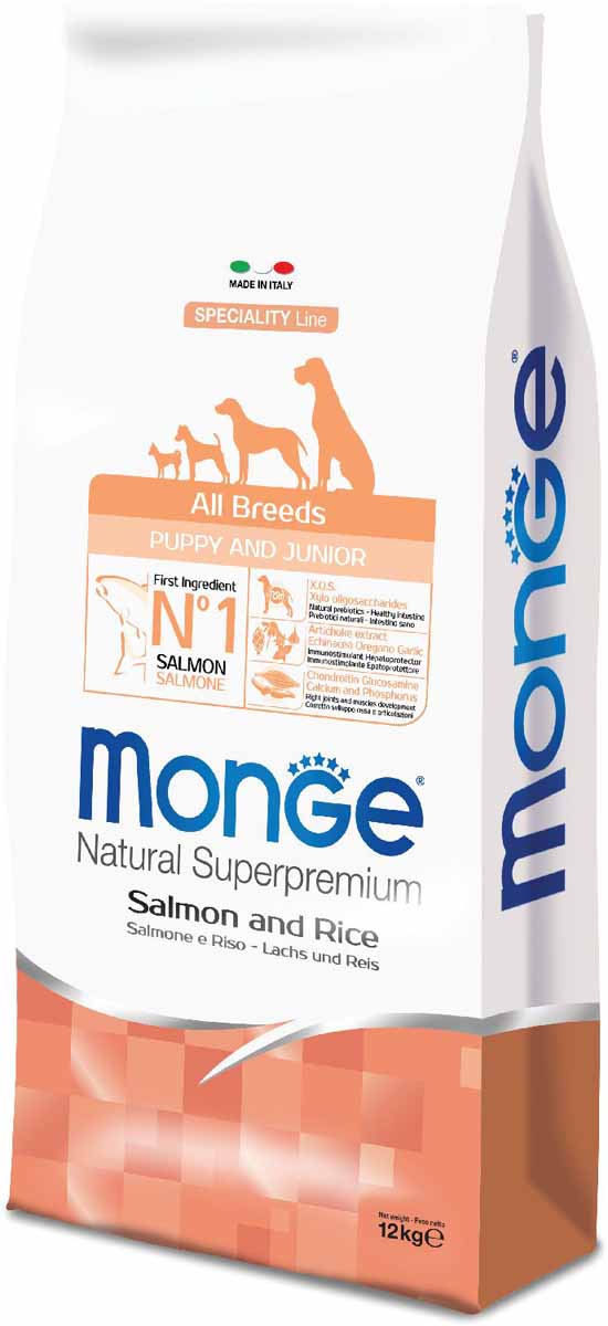 Корм сухой Monge Dog Speciality Puppy&Junior, для щенков всех пород, с лососем и рисом, 12 кг70011211 Корм сухой Monge Dog Speciality Puppy&Junior, для щенков всех пород, с лососем и рисом, 12 кг70011211Полнорационный корм для щенков и молодых собак всех пород в возрасте от 2 до 12 месяцев, а также в период беременности и лактации. Разработан на основе лосося северного моря, богат омега-3 и омега-6 жирными кислотами, которые позволяют предупредить воспалительные процессы и сохранить здоровье кожи и шерсти вашего питомца.Лосось и рис гарантируют правильное усвоение белков и углеводов. Корм прекрасно подходит для собак с проблемами пищеварения и кожными заболеваниями. Данный продукт предназначен для собак с заболеваниями кожи, такими, как дерматит, перхоть, зуд, а также для собак со светлой шерстью. Глюкозамин, хондроитин и МСМ благотворно влияют на здоровье всего костного аппарата, помогают предотвратить возникновение болезней суставов.Анализ компонентов: сырой белок 31,00%, сырые масла и жиры 18,00%, сырая клетчатка 2,00%, сырая зола 6,00%, кальций 1,40%, фосфор 1,10%, омега-6 жирные кислоты 5,00%, омега-3 жирные кислоты 0,65%.Пищевые добавки/кг: витамин А 26000 МЕ, витамин D3 1800 МЕ, витамин Е 200 мг, витамин В1 22 мг, витамин В2 25 мг, витамин В6 12 мг, витамин В12 230 мг, биотин 30 мг, ниацин 80 мг, витамин С 130 мг, пантотеновая кислота 30 мг, фолиевая кислота 2,90 мг, холина хлорид 3600 мг, инозитол 3,60 мг, Е5 сульфат марганца моногидрат 36 мг, Е6 оксид цинка 170 мг, Е4 сульфат меди пентагидрат 10 мг, Е1 сульфат железа моногидрат 110 мг, Е8 селенит натрия 0,20 мг, Е2 йодат кальция 3,50 мг, L-карнитин 128 мг, DL-метионин 1,4г. Технологические добавки/кг: натуральная смесь из токоферола и экстракта розмарина обыкновенного. Органолептические добавки/кг: натуральный экстракт каштана 20 мг, экстракт артишока 300 мг.Энергетическая ценность: 4 260 ккал/кг.Ингредиенты: рыба (26% дегидрированного и 10% свежего лосося), рис, картофельный белок, кукуруза, сухая свекольная пульпа, кукурузный глютен, пивные дрожжи (источник МОС и витамина B12), гидролизованный животный белок, животный жир (куриный жир 99,5%, консервированный с помощью натуральных антиоксидантов), овес (источник ценных пищевых волокон), КОС (ксилоолигосахариды 3г/кг), гидролизованные дрожжи (источник МОС), юкка Шидигера, спирулина, гидролизованные хрящи (источник хондроитина сульфата), гидролизованные ракообразные (источник глюкозамина), метилсульфонилметан, корень эхинацеи, орегано, порошок сушеного чеснока. Индивидуальная непереносимость.Указания по применению: для щенков в возрасте от 2 до 12 месяцев. Продукт можно использовать в сухом или размоченном в теплой воде виде. Необходимо разделить дневной рацион на 3-4 порции. Количество может изменяться в зависимости от физиологических потребностей животного. Важно, чтобы у собаки всегда была свежая, чистая вода. Хранить в сухом прохладном месте. Корм для собак не предназначен для употребления в пищу человеком.