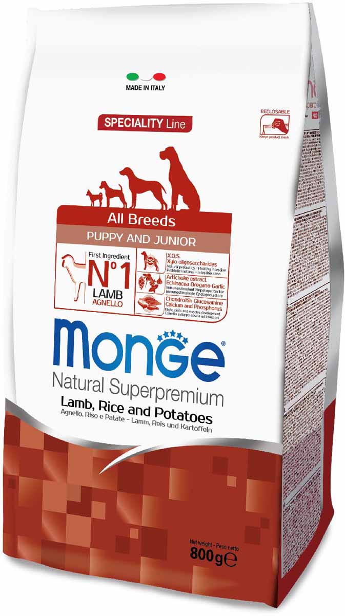 Корм сухой Monge Dog Speciality Puppy&Junior, для щенков всех пород, с ягненком, рисом и картофелем, 800 г70011259 Корм сухой Monge Dog Speciality Puppy&Junior, для щенков всех пород, с ягненком, рисом и картофелем, 800 г70011259Полнорационный корм предназначен для щенков и молодых собак всех пород в возрасте от 2 до 12 месяцев, а также в период беременности и лактации. Идеально подходит для собак, нуждающихся в питании с низким содержанием холестерина. Ингредиенты, входящие в состав, помогают бороться с аллергическими реакциями и воспалениями и подходит для собак с проблемами пищеварения. Входящие в состав ФОС (фруктоолигосахариды) поддерживают здоровую микрофлору кишечника.Мясо ягненка и рис - это гарантия правильного усвоения белков и углеводов. Высокое содержание сбалансированных омега-3 и омега-6 жирных кислот, цинка и биотина обеспечивает блестящую шерсть и здоровую кожу питомца.Глюкозамин, хондроитин и МСМ благотворно влияют на здоровье суставов и всего костного аппарата, помогают предотвратить возникновение болезней суставов.Анализ компонентов: сырой белок 30,00%, сырые масла и жиры 18,00%, сырая клетчатка 2,00%, сырая зола 7,00%, кальций 1,80%, фосфор 1,10%, омега-6 жирные кислоты 5,20%, омега-3 жирные кислоты 0,90%.Пищевые добавки/кг: витамин А 26000 МЕ, витамин D3 1800 МЕ, витамин Е 200 мг, витамин В1 20 мг, витамин В2 25 мг, витамин В6 12 мг, витамин В12 230 мг, биотин 22 мг, ниацин 60 мг, витамин С 165 мг, пантотеновая кислота 30 мг, фолиевая кислота 2,90 мг, холина хлорид 2500 мг, инозитол 3,60 мг, Е5 сульфат марганца моногидрат 32 мг, Е6 оксид цинка 150 мг, Е4 сульфат меди пентагидрат 13 мг, Е1 сульфат железа моногидрат 110 мг, Е8 селенит натрия 0,20 мг, Е2 йодат кальция 1,80 мг, L-карнитин 100 мг, DL-метионин 1,60г. Технологические добавки/кг: натуральная смесь из токоферола и экстракта розмарина обыкновенного.Органолептические добавки/кг: натуральный экстракт каштана 20 мг, экстракт артишока 300 мг.Энергетическая ценность: 4 200 ккал/кг.Ингредиенты: ягненок (30% дегидрированного и 10% свежего мяса), рис, кукуруза, животный жир (куриное жир 99,5%, консервированный с помощью натуральных антиоксидантов), картофельный белок, сухая свекольная пульпа, пивные дрожжи (источник МОС и витамина B12), гидролизованный животный белок, овес (источник ценных пищевых волокон), сухое цельное яйцо (с высоким содержанием ценных белков), КОС (ксилоолигосахариды 3г/кг), гидролизованные дрожжи (источник МОС), гидролизованные хрящи (источник хондроитина сульфата), гидролизованные ракообразные (источник глюкозамина), метилсульфонилметан, юкка Шидигера, спирулина, корнень эхинацеи, орегано, порошок сушеного чеснока. Индивидуальная непереносимость. Указания по применению: для щенков в возрасте от 2 до 12 месяцев. Продукт можно использовать в сухом или размоченном в теплой воде виде. Необходимо разделить дневной рацион на 3-4 порции. Количество может изменяться в зависимости от физиологических потребностей животного. Важно, чтобы у собаки всегда была свежая, чистая вода. Хранить в сухом прохладном месте. Корм для собак не предназначен для употребления в пищу человеком.