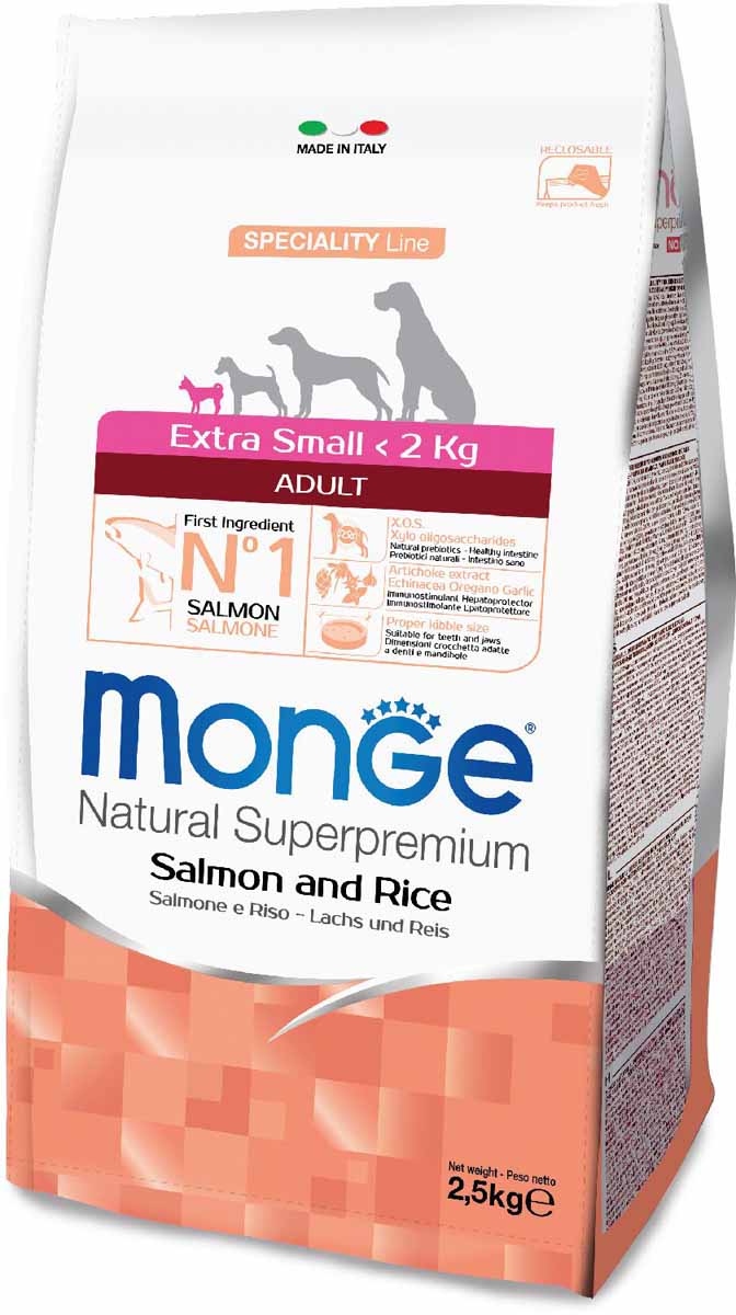 Корм сухой Monge Dog Speciality Extra Small, для взрослых собак миниатюрных пород, с лососем и рисом, 2,5 кг70011464 Корм сухой Monge Dog Speciality Extra Small, для взрослых собак миниатюрных пород, с лососем и рисом, 2,5 кг70011464Полнорационный корм на основе лосося и риса. Специально разработан для ежедневного кормления взрослых собак миниатюрных пород с нормальной физической активностью.Анализ компонентов: сырой белок 26,00%, сырые масла и жиры 15,00%, сырая клетчатка 2,50%, сырая зола 5,00%, кальций 1,20%, фосфор 0,80%, омега-6 жирные кислоты 6,40%, омега-3 жирные кислоты 0,70%.Пищевые добавки/кг: витамин А 23000 МЕ, витамин D3 1600 МЕ, витамин Е 200 мг, витамин В1 10 мг, витамин В2 13 мг, витамин В6 6 мг, витамин В12 125 мг, биотин 17 мг, ниацин 26 мг, витамин С 180 мг, пантотеновая кислота 15 мг, фолиевая кислота 1,40 мг, холина хлорид 2500 мг, инозитол 3,00 мг, Е5 сульфат марганца моногидрат 35 мг, Е6 оксид цинка 160 мг, Е4 сульфат меди пентагидрат 13 мг, Е1 сульфат железа моногидрат 110 мг, Е8 селенит натрия 0,22 мг, Е2 йодат кальция 1,80 мг, L-карнитин 105 мг, DL-метионин 7,30г. Технологические добавки/кг: натуральная смесь из токоферола и экстракта розмарина обыкновенного. Органолептические добавки/кг: натуральный экстракт каштана 20 мг, экстракт артишока 300 мг.Энергетическая ценность: 4 130 ккал/кг. Ингредиенты: лосось (30% дегидрированной и 10% свежей рыбы), рис, кукуруза, животный жир (куриный жир 99,5%, консервированный с помощью натуральных антиоксидантов), сухая свекольная пульпа, картофельный белок, пивные дрожжи (источник МОС и витамина B12), кукурузный глютен, гидролизованный животный белок, рыба (дегидрированный лосось), рыбий жир (масло лосося), гидролизованные хрящи (источник хондроитина сульфата), гидролизованные ракообразные (источник глюкозамина), метилсульфонилметан, КОС (ксилоолигосахариды 3г/кг), гидролизованные дрожжи (источник МОС), юкка Шидигера, спирулина, корень эхинацеи, орегано, порошок сушеного чеснока. Индивидуальная непереносимость. Рекомендации по кормлению: корм можно подавать сухим или размоченным теплой водой. Суточная норма может варьироваться в зависимости от индивидуальных потребностей животного. Важно, чтобы животное всегда имело доступ к чистой питьевой воде.