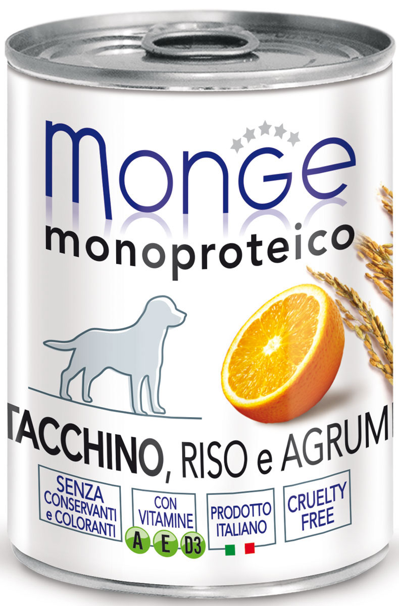 Консервы Monge Dog Monoproteico Fruits, для собак, паштет из индейки с рисом и цитрусовыми, 400 г70014335 Консервы Monge Dog Monoproteico Fruits, для собак, паштет из индейки с рисом и цитрусовыми, 400 г70014335Monge Dog Monoproteico Fruits консервы для собак, паштет из индейки с рисом и цитрусовыми, 400 г.Полнорационный корм для собак. Паштет из индейки с рисом и цитрусовыми. Гарантированный анализ: сырой белок 8,1%, сырые масла и жиры 6,5%, сырая зола 2%, сырая клетчатка 0,8%, влажность 80%. Пищевые добавки/кг: витамин А 2500 МЕ, витамин D3 300 МЕ, витамин Е (альфа-токоферол 91%) 7 мг.Ингредиенты: свежее мясо индейки 100%, злаки (рис 4,2%), сухой экстракт апельсина (0,5%), минеральные вещества, витамины.Технологические добавки: загустители и желеобразующие компоненты. Не содержит красителей, консервантов иглютена. Рекомендации по кормлению: собакам мелких пород необходимо около 400 г продукта в день. Количество корма может варьироваться в зависимости от индивидуальных потребностей животного. Продукт подавать комнатной температуры или подогретый. Важно, чтобы животное всегда имело доступ к чистой, свежей воде. Открытую упаковку хранить в холодильнике.