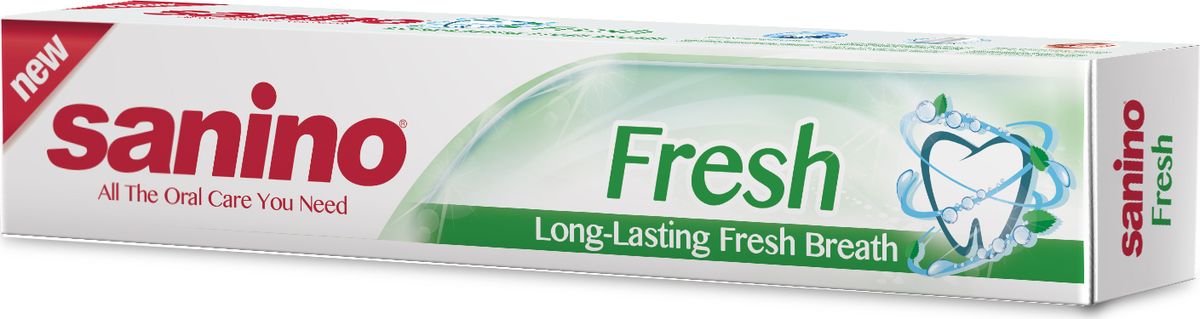 Sanino Зубная паста Fresh Длительное свежее дыхание 100мл800914020 Sanino Зубная паста Fresh Длительное свежее дыхание 100мл800914020Зубная паста Sanino делает улыбку светлой и здоровой благодаря освежающим компонентам в составе пасты. Sanino «Длительное свежее дыхание» - это прекрасный способ сохранить свежесть рта на весь день, а также не беспокоиться и кариесе, ведь паста предотвращает его появление.