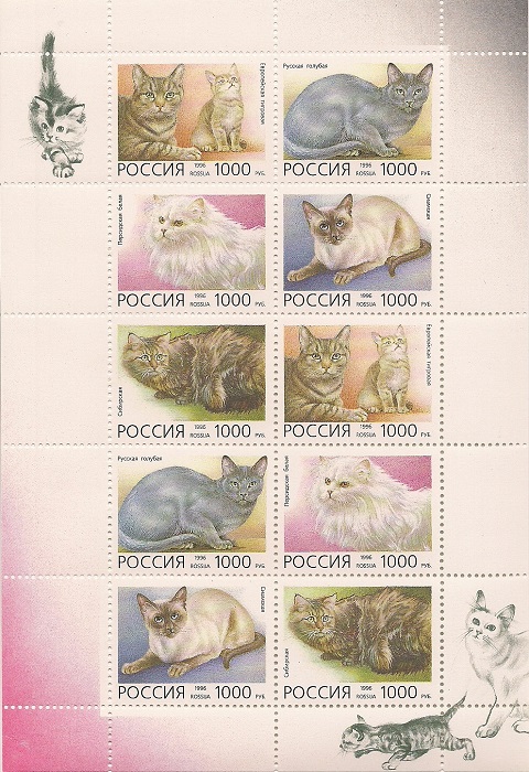 1996. Домашние кошки. № 266 - 270мл. Малый лист