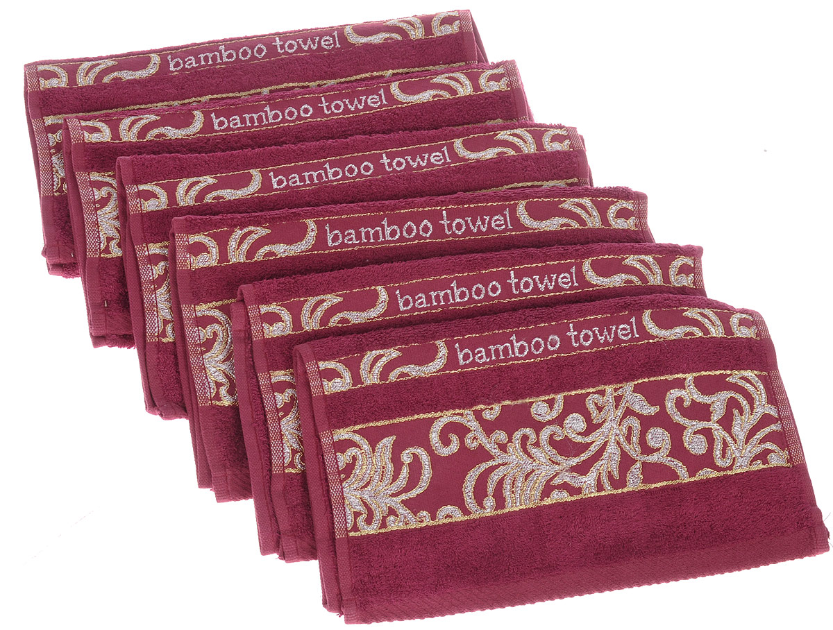 Набор полотенец Brielle Bamboo. Jacquard, цвет: бургунди, 30 х 50 см, 6 шт1211 Набор полотенец Brielle Bamboo. Jacquard, цвет: бургунди, 30 х 50 см, 6 шт1211Набор Brielle Bamboo. Jacquard состоит из шести полотенец, выполненных из бамбука с содержанием хлопка. Изделия очень мягкие, они отлично впитывают влагу, быстро сохнут, сохраняют яркость цвета и не теряют формы даже после многократных стирок. Одна из боковых сторон оформлена оригинальным узором и надписью. Полотенца Brielle Bamboo. Jacquard очень практичны и неприхотливы в уходе. Такой набор послужит приятным подарком.