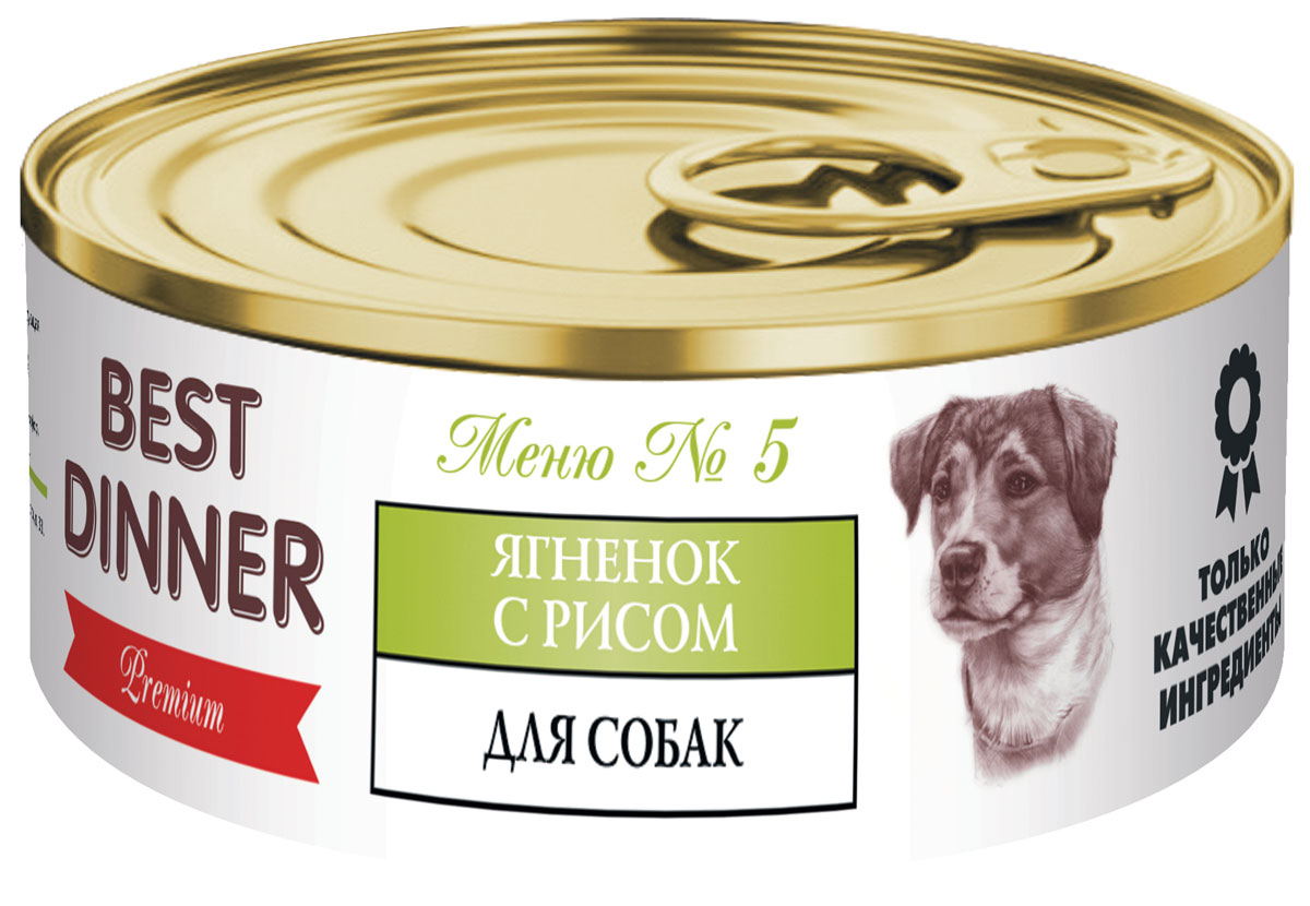 Консервы для собак Best Dinner Меню №5, с ягненком и рисом, 100 г74040 Консервы для собак Best Dinner Меню №5, с ягненком и рисом, 100 г74040Мясные консервы для собак Best Dinner - это идеально сбалансированный, полноценный источник питания, ингредиенты которого оптимально подобраны исходя из нужд вашего любимца. Корм изготовлен из натуральных компонентов без красителей, консервантов и ароматизаторов.Состав: ягненок, субпродукты, рис, морковь, желирующая добавка, растительное масло, соль, вода.В 100 г продукта: сырой протеин, не менее 5,5 г; сырой жир, не более 5,2 г; сырая зола, не более 2,0 г; поваренная соль 0,3–0,7 г; влага, не более 80,0 %.Минеральные вещества в 100 г продукта: общий фосфор, не более 0,7 г; кальций, не более 0,5 г.Энергетическая ценность 100 г продукта: 68,8 ккал.Условия хранения: при температуре от 0 до 25 °C и относительной влажности воздуха не более 75 %.Рекомендуется употреблять при комнатной температуре.После вскрытия потребительской упаковки продукт хранить в холодильнике не более 2 суток.Суточная норма: 70–90 г на 1 кг веса животного, кормление в два приема.Товар сертифицирован.