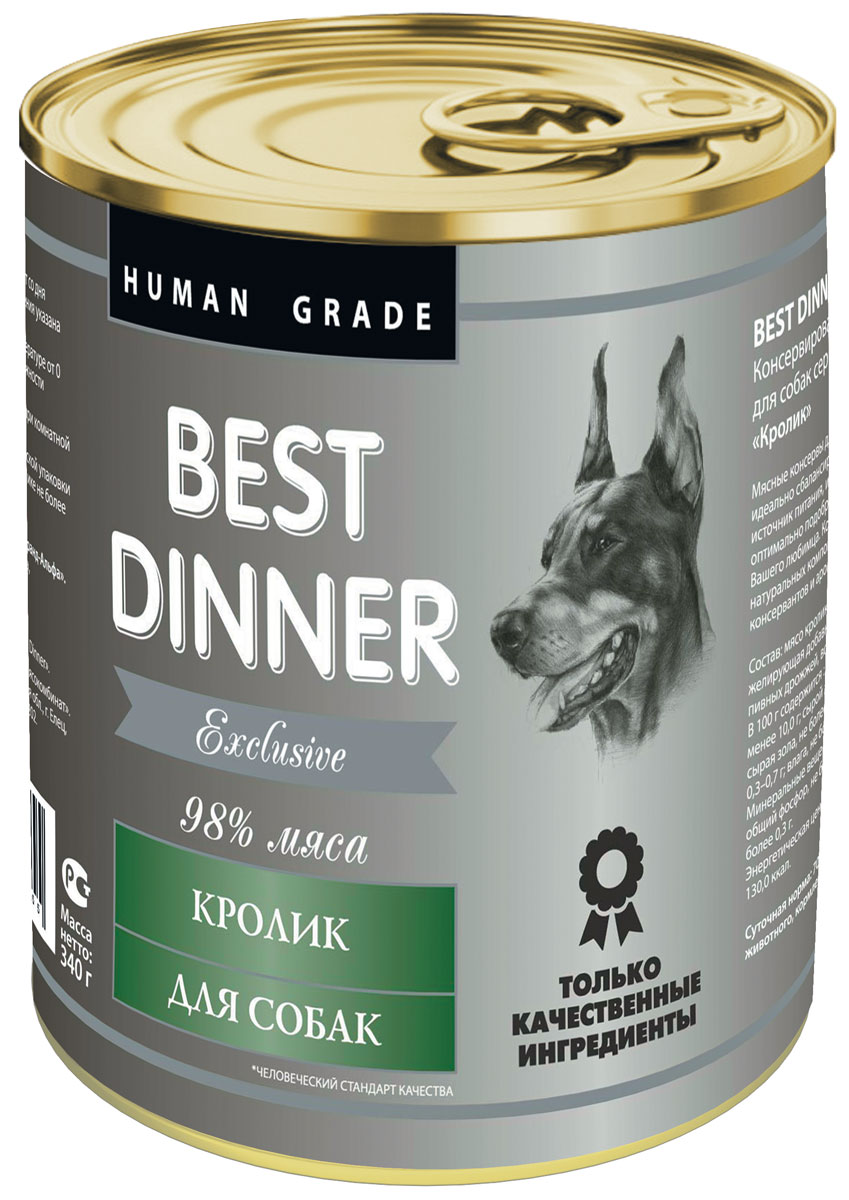 Консервы для собак Best Dinner Эксклюзив, с кроликом, 340 г74021 Консервы для собак Best Dinner Эксклюзив, с кроликом, 340 г74021Мясные консервы для собак Best Dinner - идеально сбалансированный, полноценный источник питания, ингредиенты которого оптимально подобраны исходя из нужд вашего любимца. Корм изготовлен из натуральных компонентов без красителей, консервантов и ароматизаторов.Состав: мясо кролика, масло подсолнечное, желирующая добавка, соль, автолизат пивных дрожжей, вода питьевая.В 100 г содержится: сырой протеин, не менее 10,0 г; сырой жир, не более 10,0 г; сырая зола, не более 2,0 г; поваренная соль 0,3–0,7 г; влага, не более 85 %.Минеральные вещества в 100 г продукта: общий фосфор, не более 0,5 г; кальций, не более 0,3 г.Энергетическая ценность 100 г продукта: 130,0 ккал.Условия хранения: при температуре от 0 до 25 °C и относительной влажности воздуха не более 75 %.Рекомендуется употреблять при комнатной температуре.После вскрытия потребительской упаковки продукт хранить в холодильнике не более 2 суток.Суточная норма: 70–90 г на 1 кг веса животного, кормление в два приема. Товар сертифицирован.