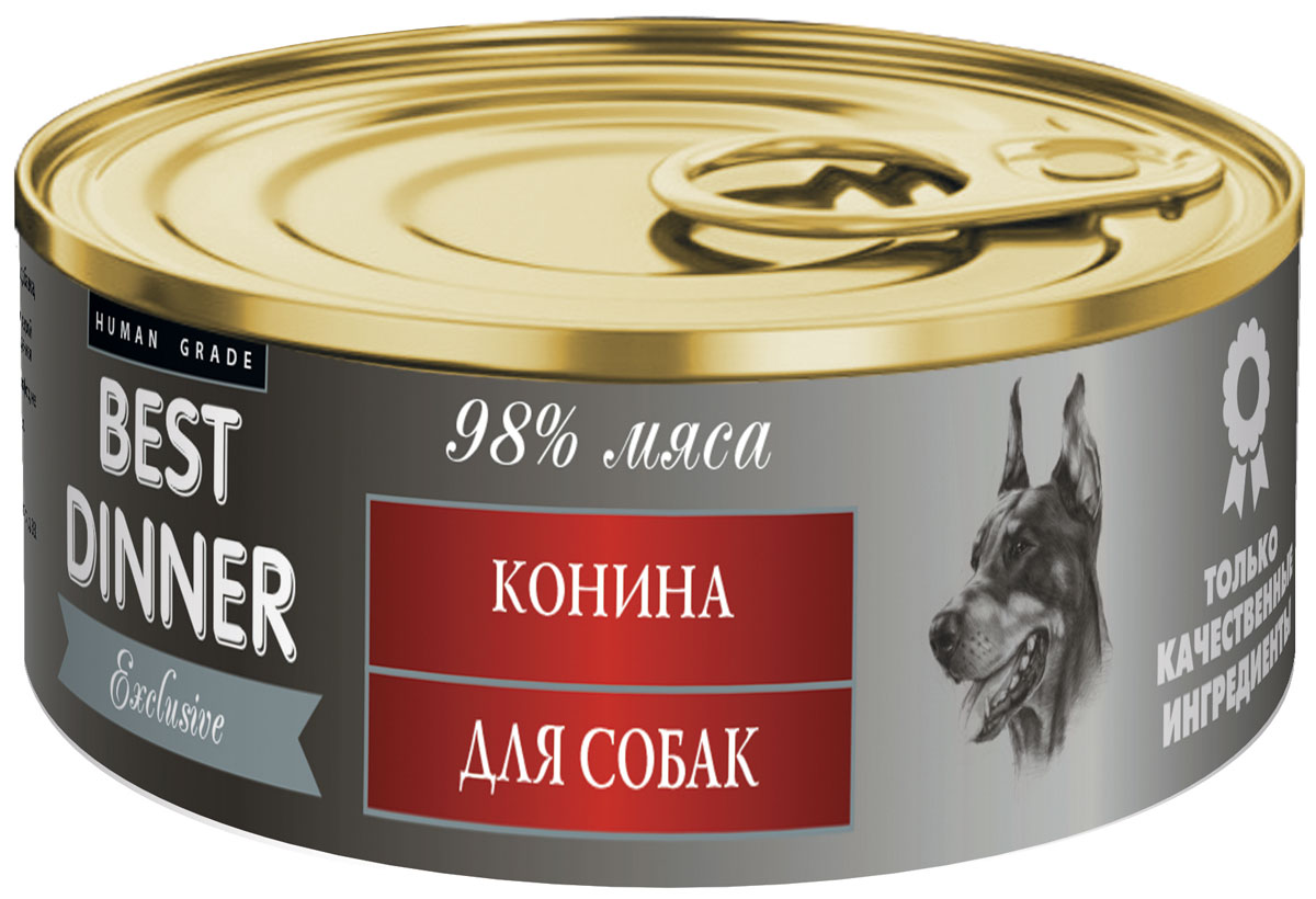 Консервы для собак Best Dinner Эксклюзив, с кониной, 100 г74030 Консервы для собак Best Dinner Эксклюзив, с кониной, 100 г74030Консервированный деликатесный корм для собак с чувствительным пищеварением на основе мяса конины и говядины. Без добавления сои, ароматизаторов и консервантов. Состав: конина, масло подсолнечное, желирующая добавка, соль, автолизат пивных дрожжей, вода питьевая.В 100 г. содержится: сырой протеин, не менее 12,0 г; сырой жир, не более 7,0 г; сырая зола, не более 2,0 г; поваренная соль 0,3 - 0,7 г ; влага, не более 85%.Витамины: А, D3, Е.Минеральные вещества в 100 г. продукта: общий фосфор, не более 0,5 г; кальций, не более 0,3 г. Товар сертифицирован.