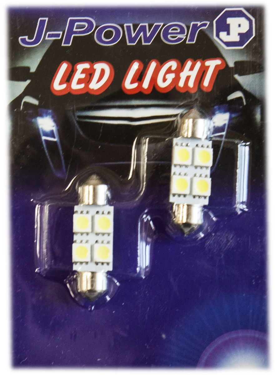 Автолампа светодиодная Jpower, 2 шт. SJ-4SMD-5050-36MMSJ-4SMD-5050-36MM Автолампа светодиодная Jpower, 2 шт. SJ-4SMD-5050-36MMSJ-4SMD-5050-36MMАвтомобильная светодиодная лампа Jpower c цоколем C5W. Чаще всего такая модель используется для подсветки салона автомобиля.Длина лампы: 3,6 см.В комплект входит: 2 лампы.Температура света: 5000К.