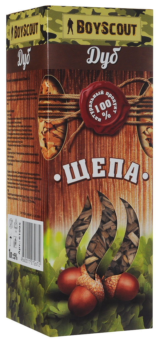 Щепа для копчения Boyscout Дуб, 1 л61095 Щепа для копчения Boyscout Дуб, 1 л61095Дубовая щепа рекомендуется для копчения мяса и птицы. Дубовая древесина содержит большое количество дубильных веществ, необычайно полезных и придающих копченостям изысканный цвет и неповторимый аромат.Объем: 1 л.