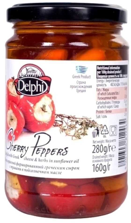 Delphi перец красный фаршированный греческим сыром с травами в подсолнечном масле, 280 г42.0008,1 Delphi перец красный фаршированный греческим сыром с травами в подсолнечном масле, 280 г42.0008,1Кусочек солнечной Греции на вашем столе. Маленькие перчики, фаршированные мягким сыром - невероятный праздник вкуса.
